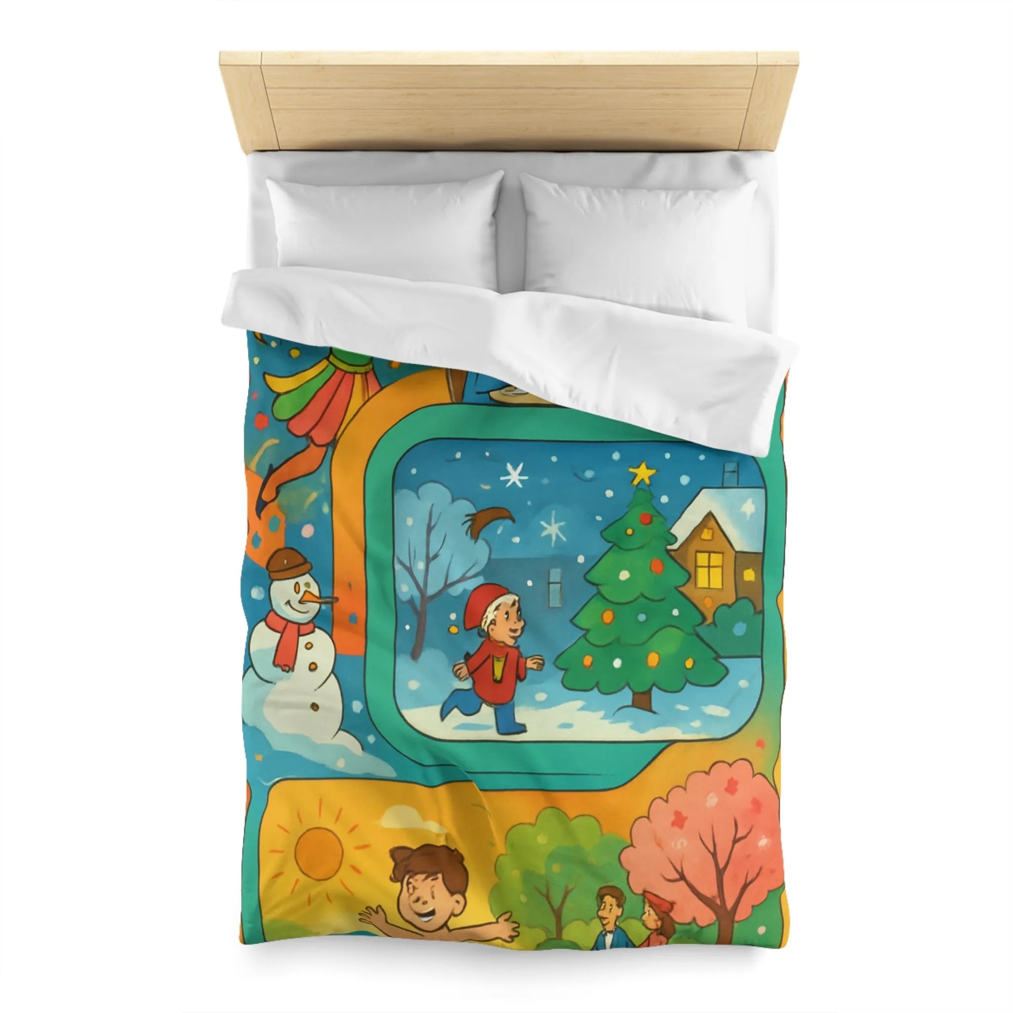 Housse de couette colorée illustrant quatre saisons et festivités pour enfants
