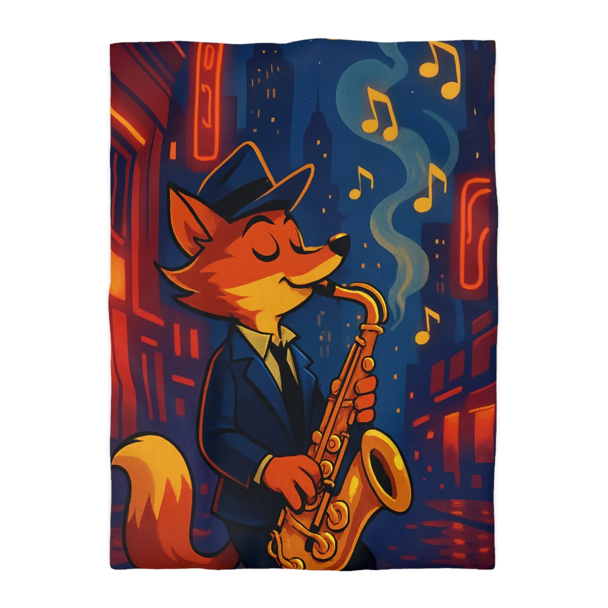 Housse de Couette Jazz de Rue avec Renard Jouant du Saxophone Sous les Réverbères