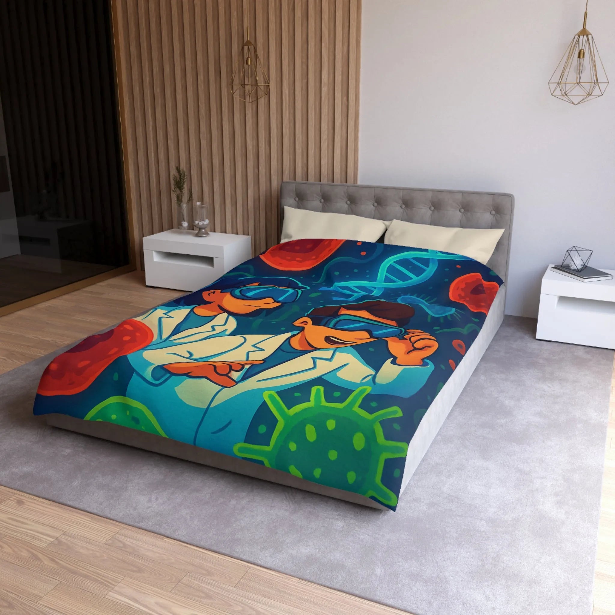Drap housse scientifique ludique avec chercheurs et microbes éclatants en couleurs vibrantes et vives