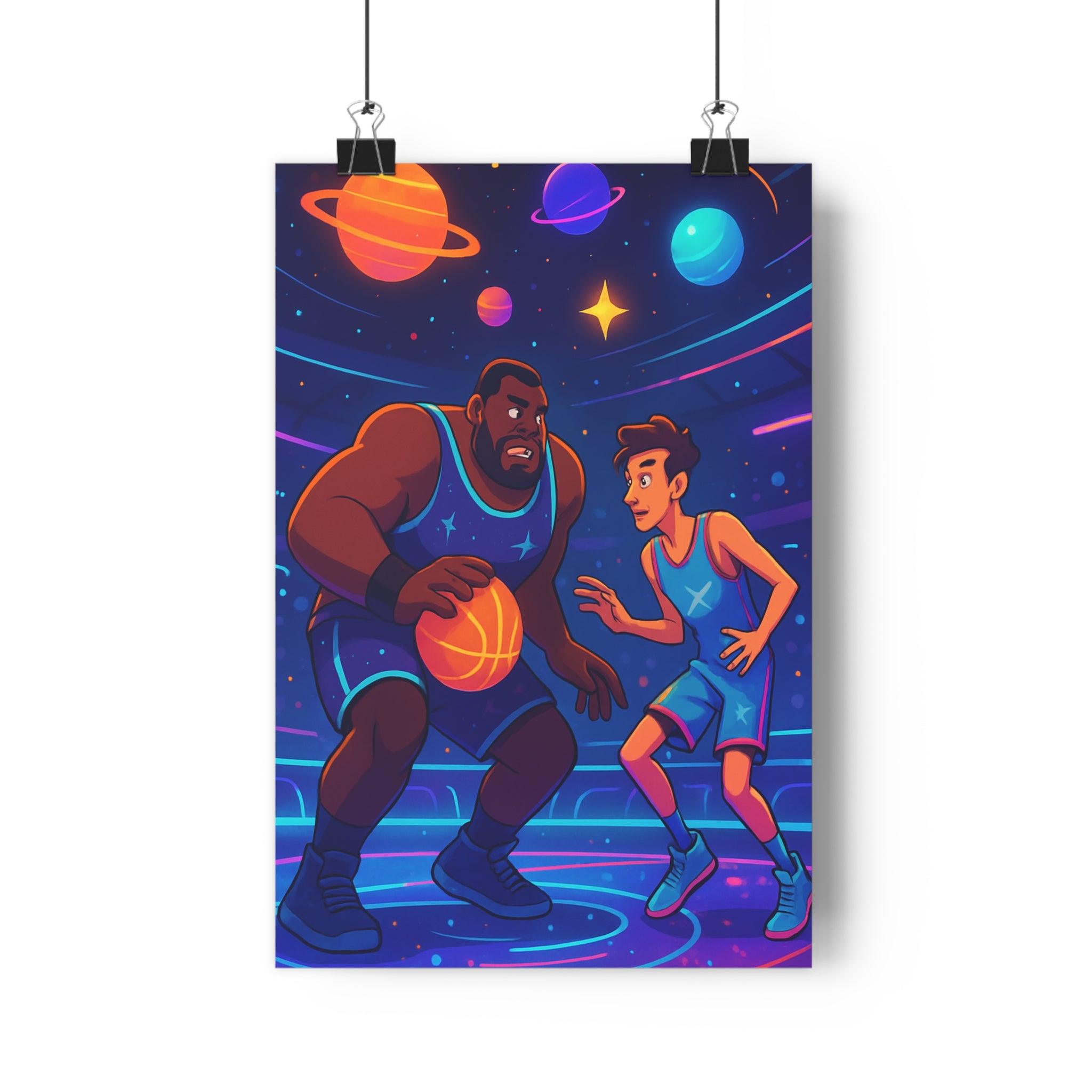 Poster décoratif futuriste galaxie bleu orange violet basket sportif chambre ambiance dynamique cosmique qualité