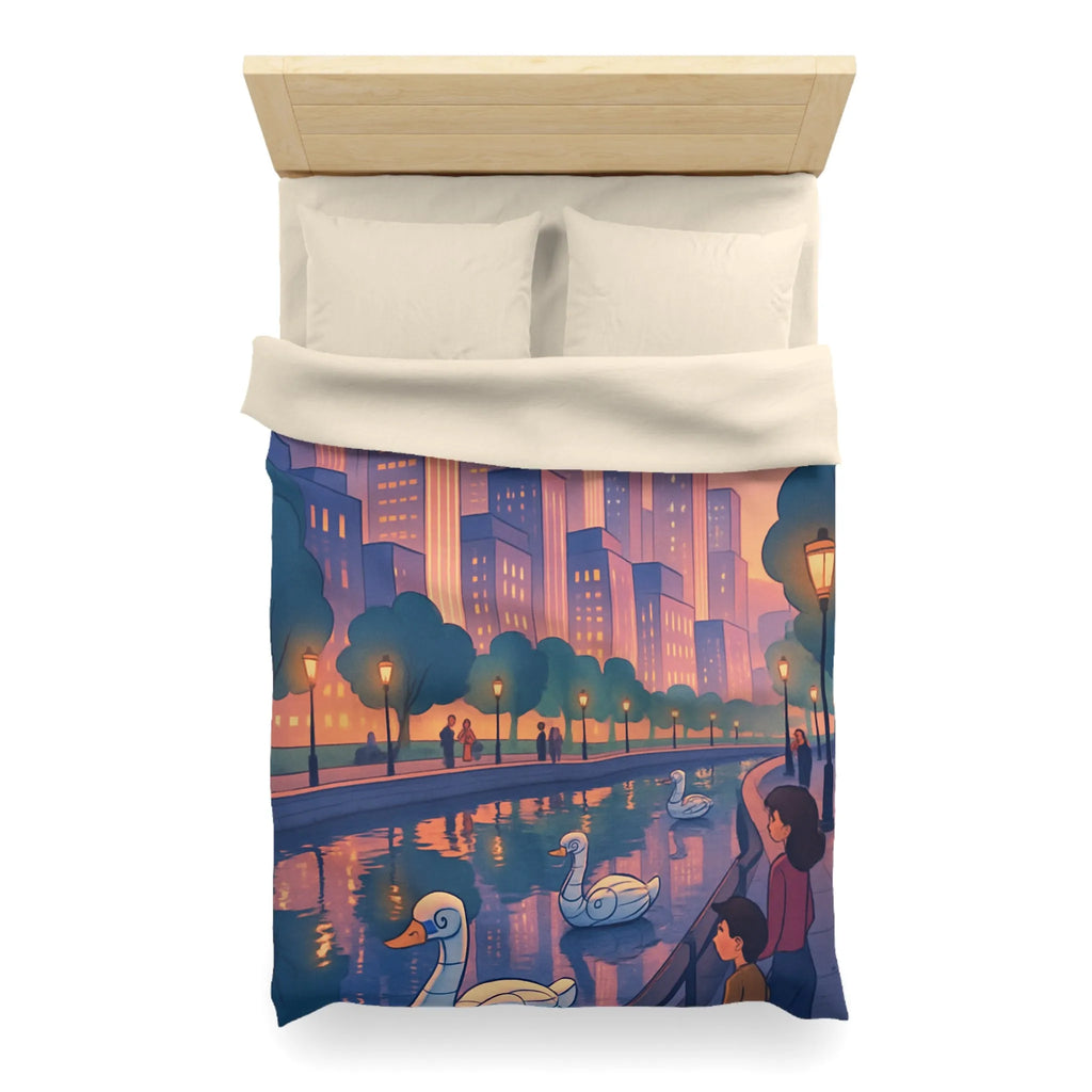 Housse de couette illustrée avec cygnes et skyline urbaine au coucher du soleil