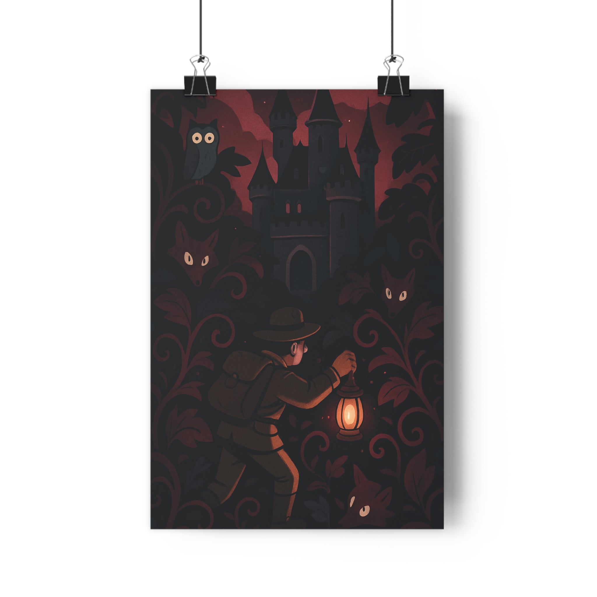 Poster décoratif mystérieux aventure bordeaux noir vintage lecture chambre forêt explorateur château impressionnant format
