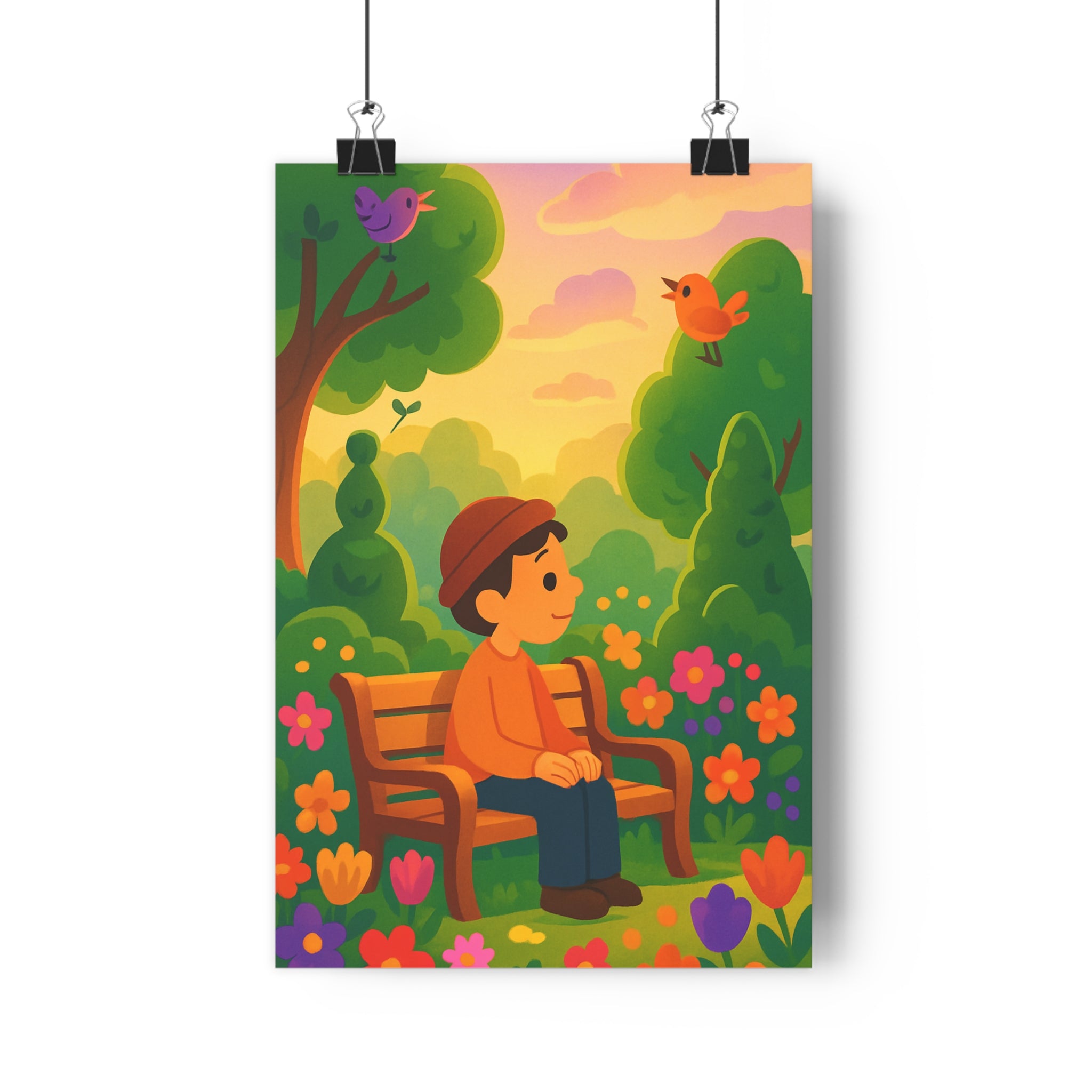 Poster décoratif jardin coloré illustration joyeuse fleurs oiseaux violet orange salon chambre 30x46 cm