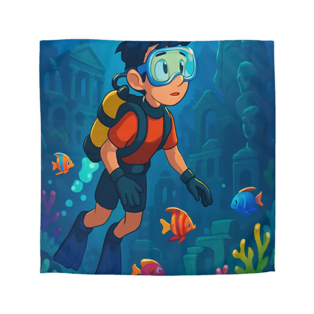 Housse de couette colorée avec plongeur et ruines sous-marines, poissons tropicaux vibrants