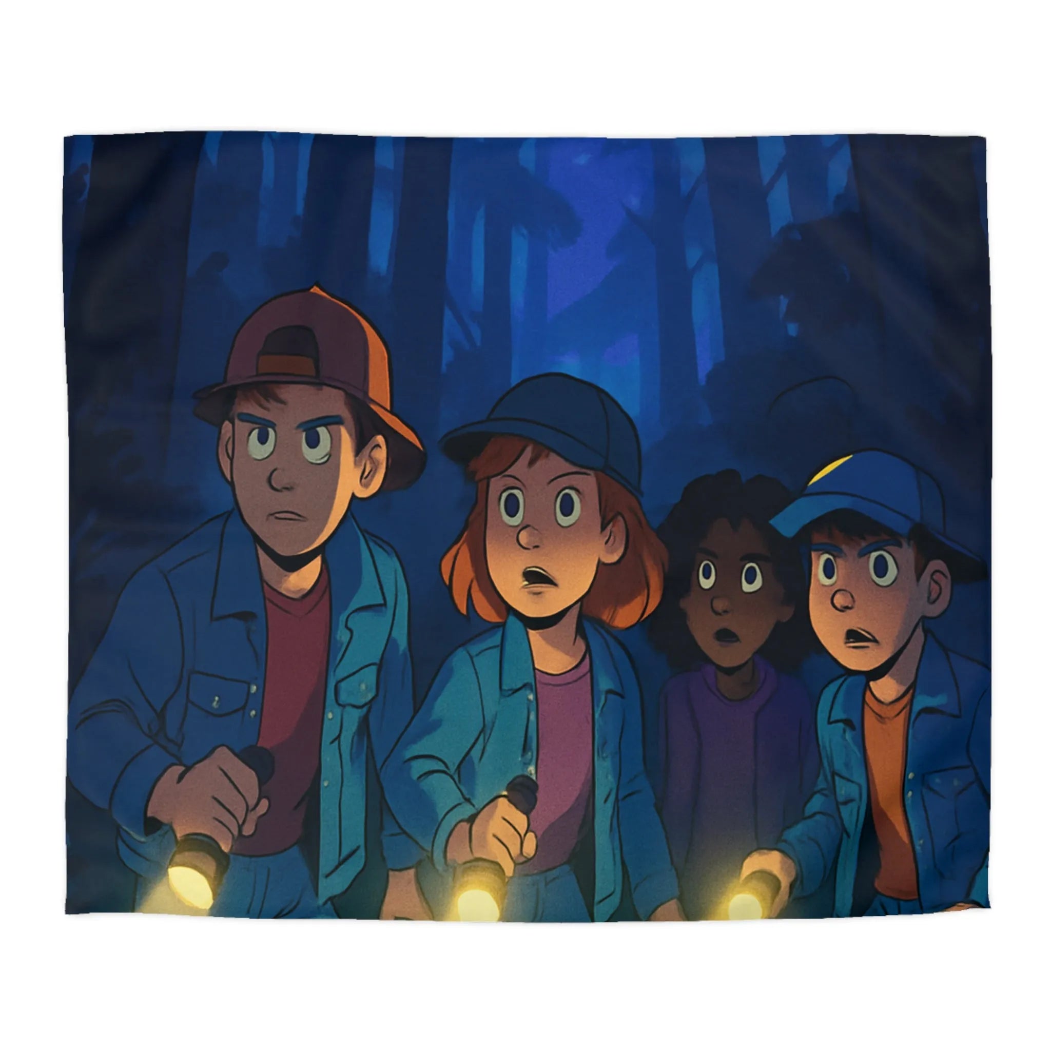 Housse de couette forêt mystérieuse enfants explorateurs avec lampes de poche illustration nocturne