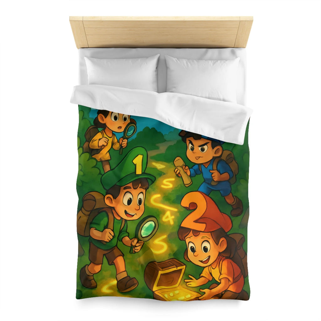 Housse de couette aventure enfants, chasse au trésor avec île et personnages joyeux
