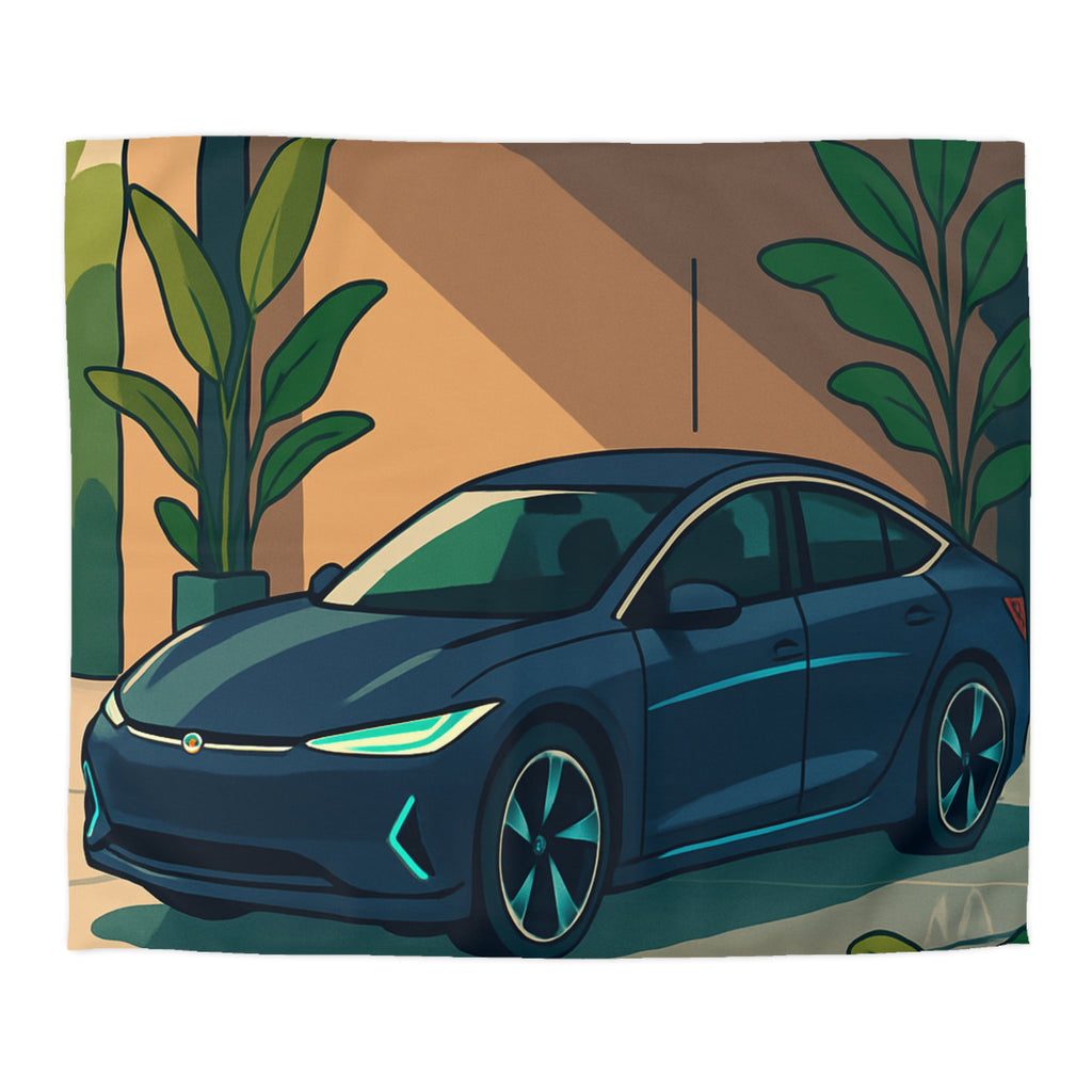 Housse de Couette Moderne avec Voiture et Plantes Vertes pour Design Chic Urbain