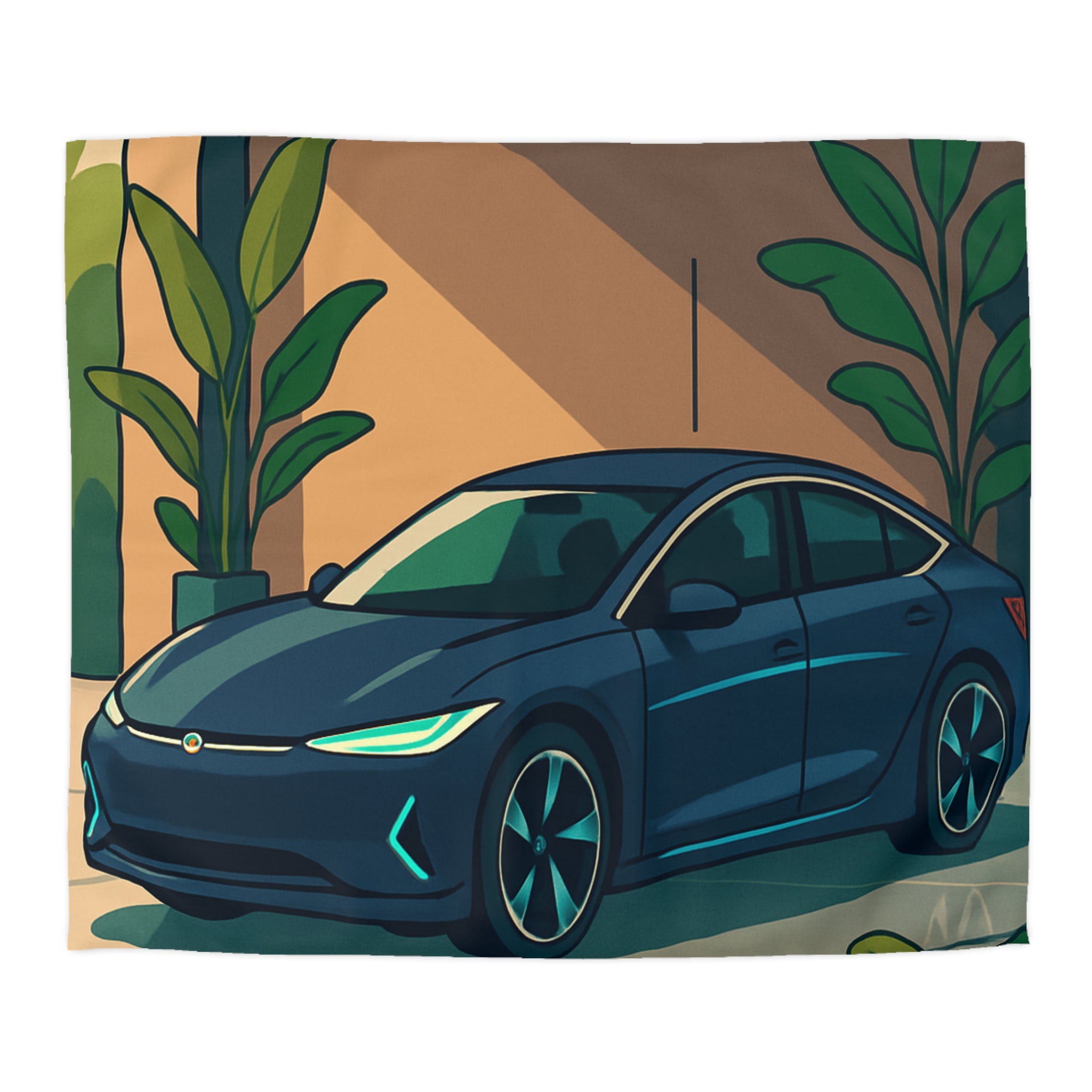 Housse de Couette Moderne avec Voiture et Plantes Vertes pour Design Chic Urbain