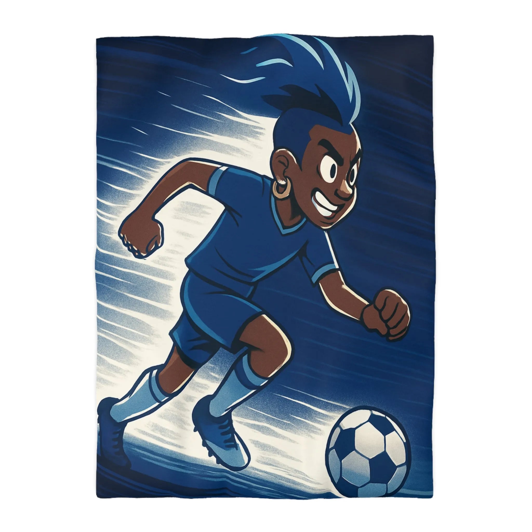 Housse de couette football dynamique garçon jouant au soccer style cartoon moderne bleu