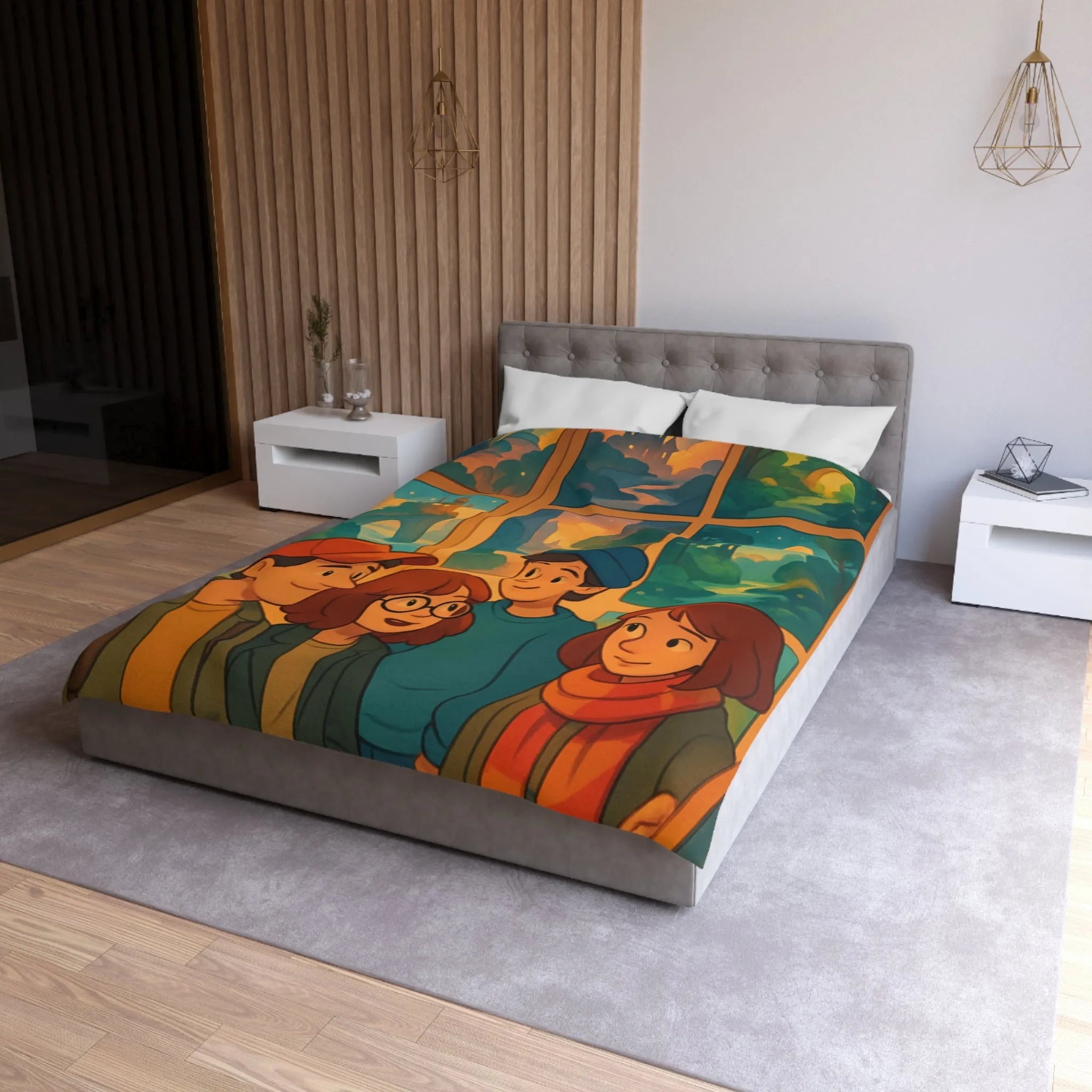 Housse de couette colorée avec paysages enchanteurs et personnages stylisés en exposition artistique