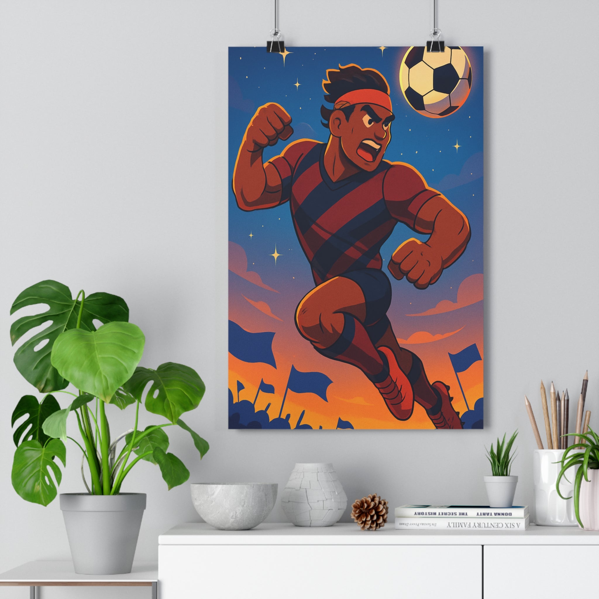Poster décoratif football dynamique bande dessinée bleu orange chambre fan sport art vibrant qualité