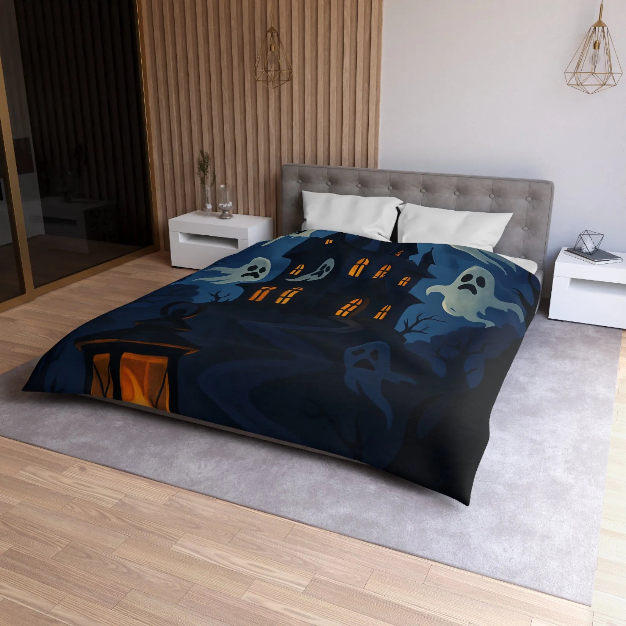 Housse de couette avec château hanté, fantômes, ciel orageux et lanterne mystérieuse