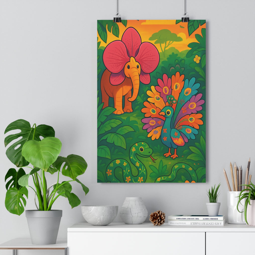 Poster décoratif cartoon exotique vert orange rose bleu joyeux chambre salon botanique faune flore