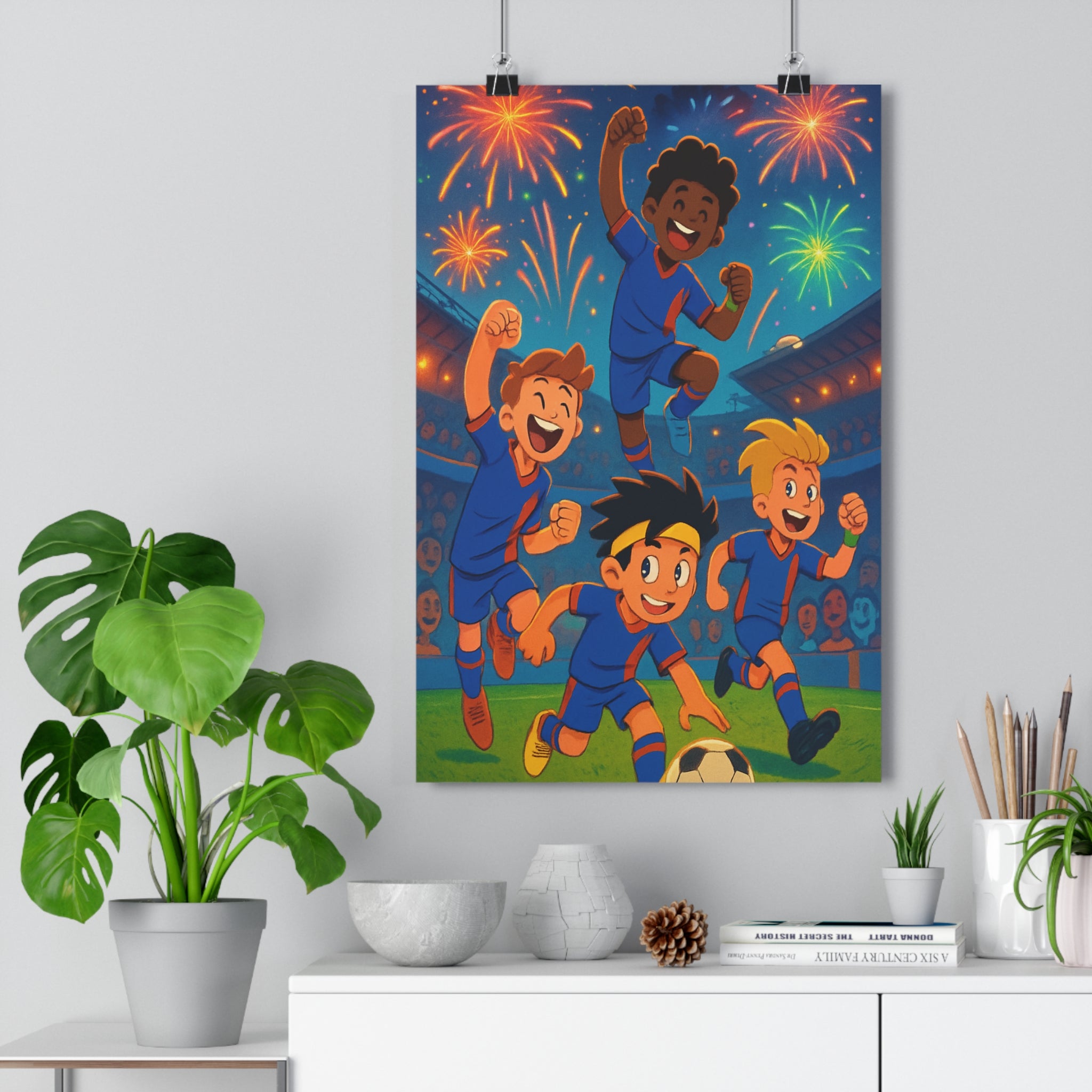 Poster décoratif cartoon bleu rouge enfants football joyeux chambre enfant vivant festif coloré énergie