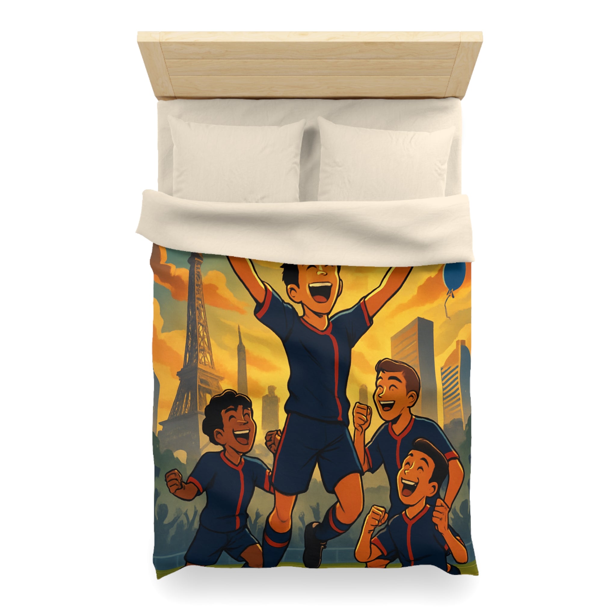 Housse de couette pour enfants avec footballeurs enthousiastes devant paysage urbain en coucher de soleil