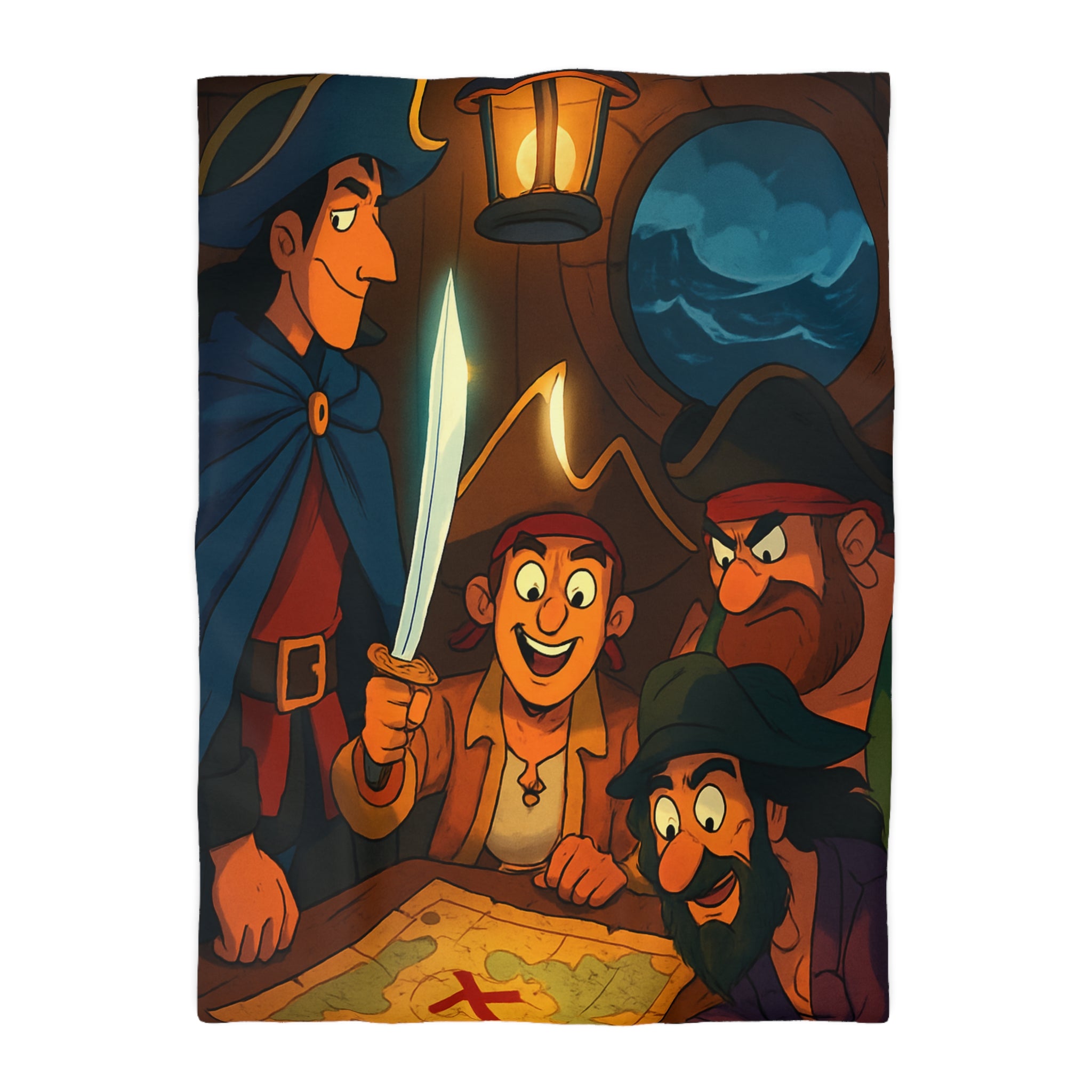 Housse de Couette Pirate Cartoon avec Carte Trésor et Équipage Sous Lampe