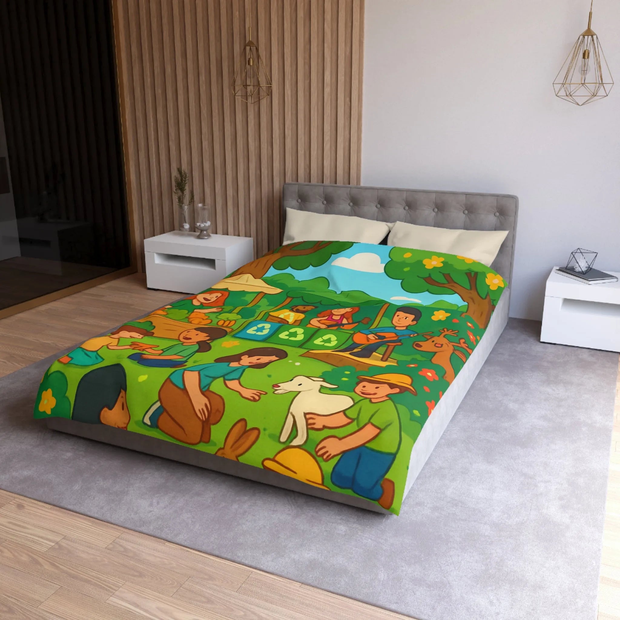 Housse de Couette Enfant Champêtre Animée avec Animaux et Marché en Été