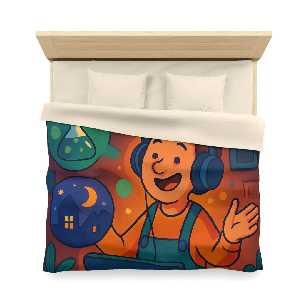 Housse de couette colorée avec illustrations de rêve, voyage et créativité pour enfant