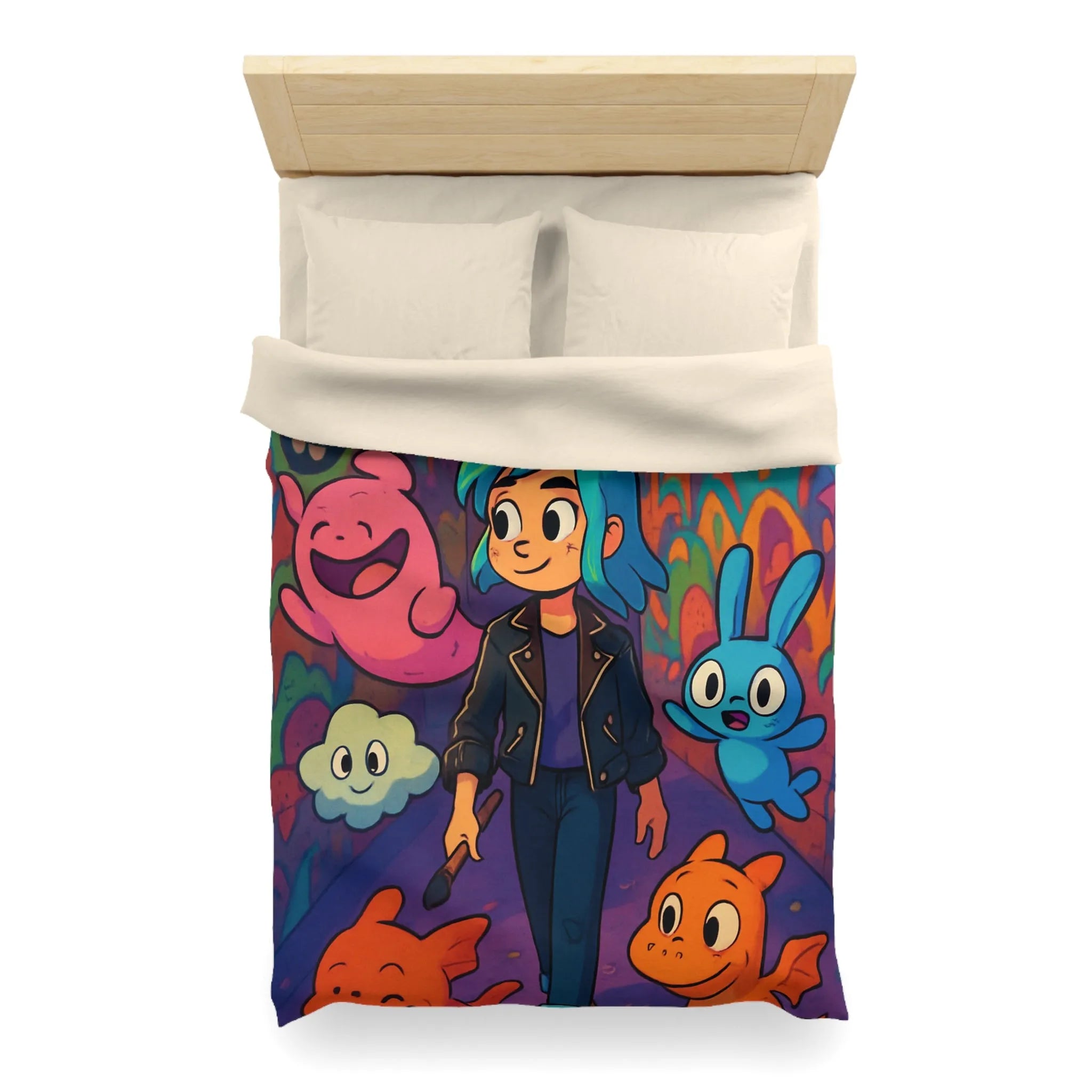 Housse de couette colorée avec personnages fantasy dans une ruelle urbaine magique