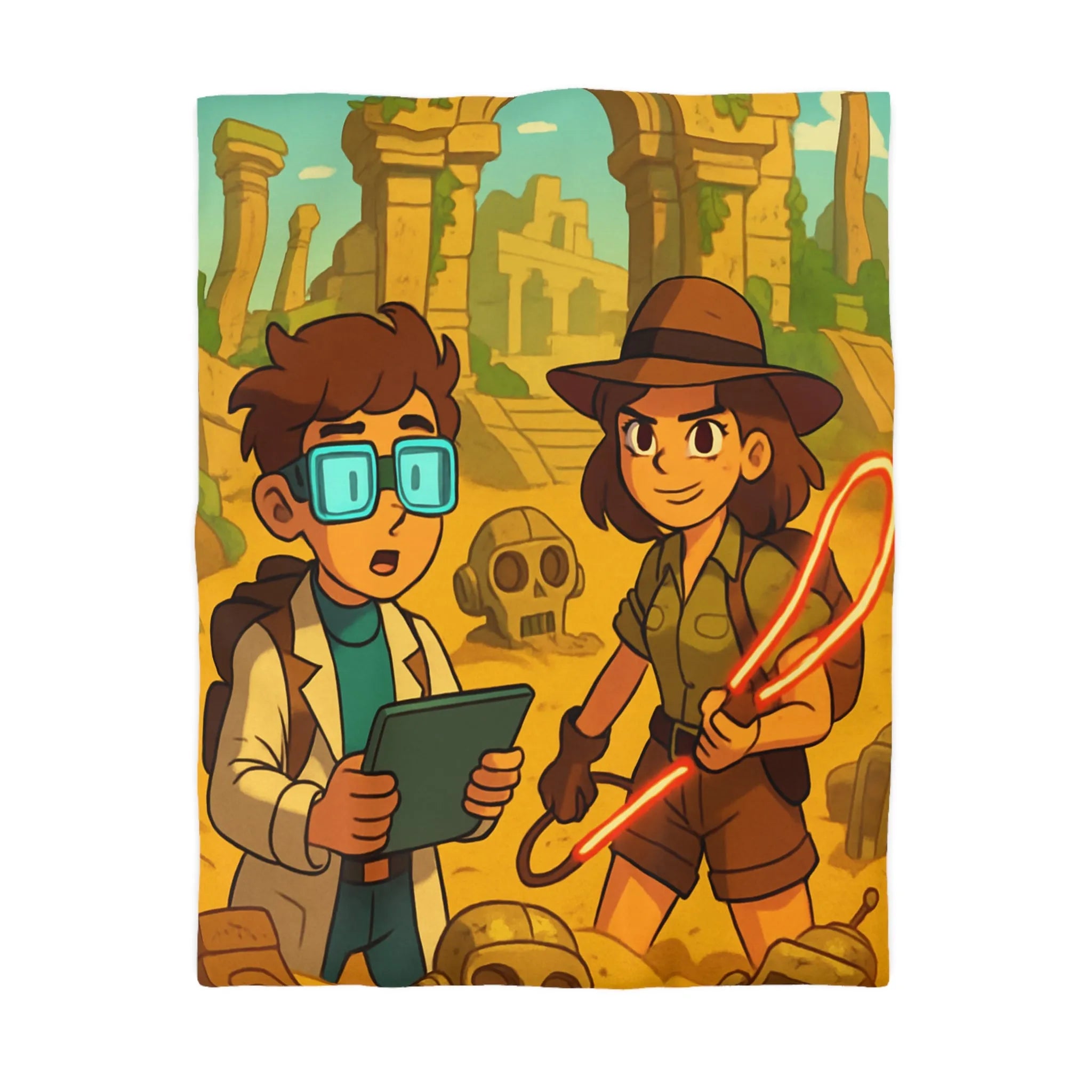 Housse de couette aventuriers explorant ruines mystérieuses en style cartoon animé coloré