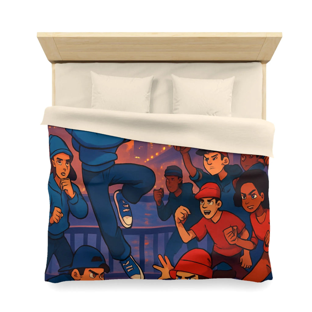 Housse de couette illustrée avec danseurs urbains dynamiques sur fond de pont illuminé