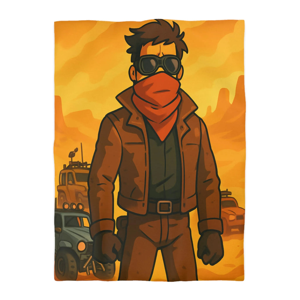 Housse de couette désert post-apocalyptique avec style bande dessinée et personnage héroïque