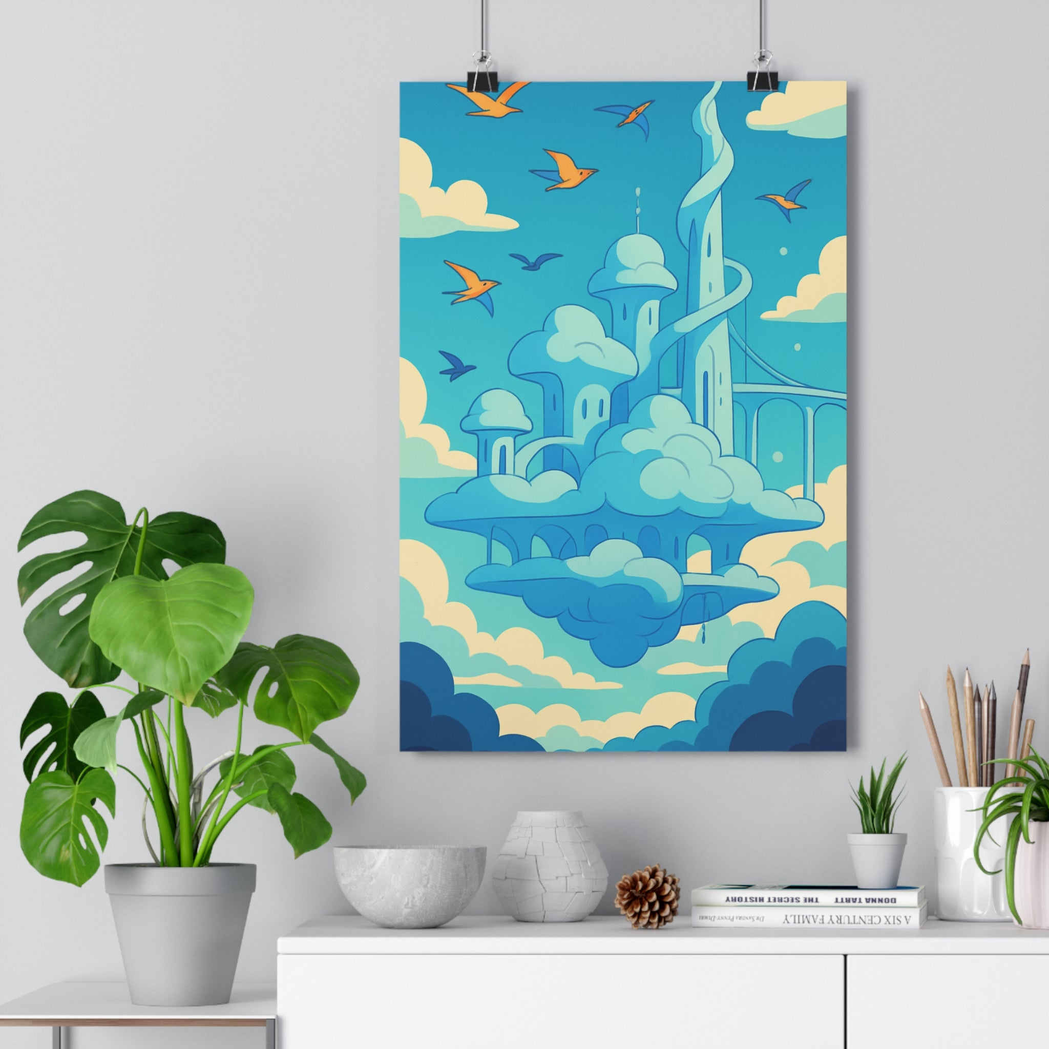Poster décoratif anime futuriste bleu blanc nuages aérien paisible salon chambre moderne captivant élégant
