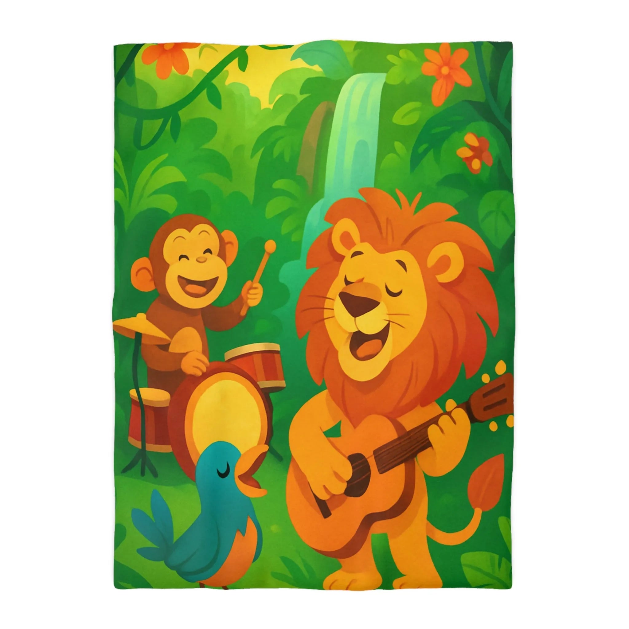 Housse de couette jungle colorée avec lion, singe, et oiseau musiciens joyeux