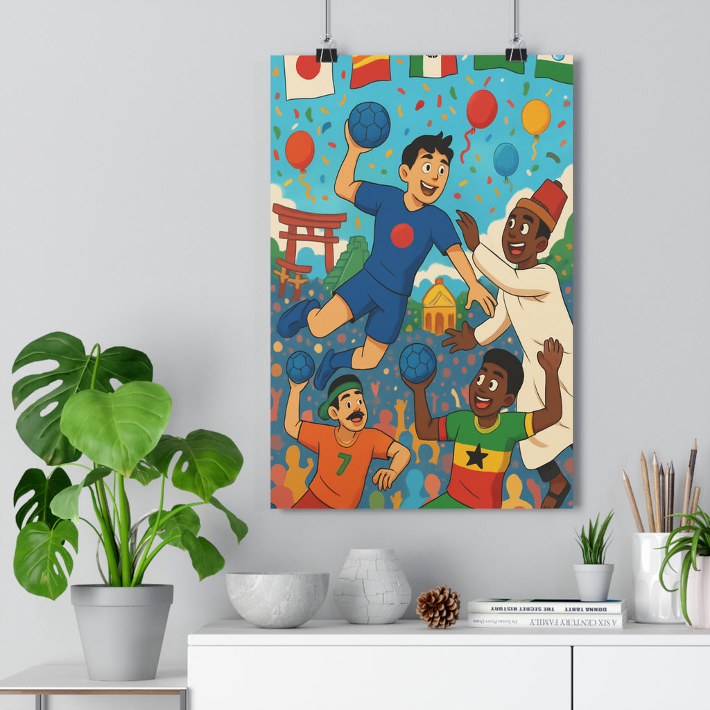 Poster décoratif cartoon handball joyeux multiculturel coloré dynamique chambre enfant sport vibrant amusant unique