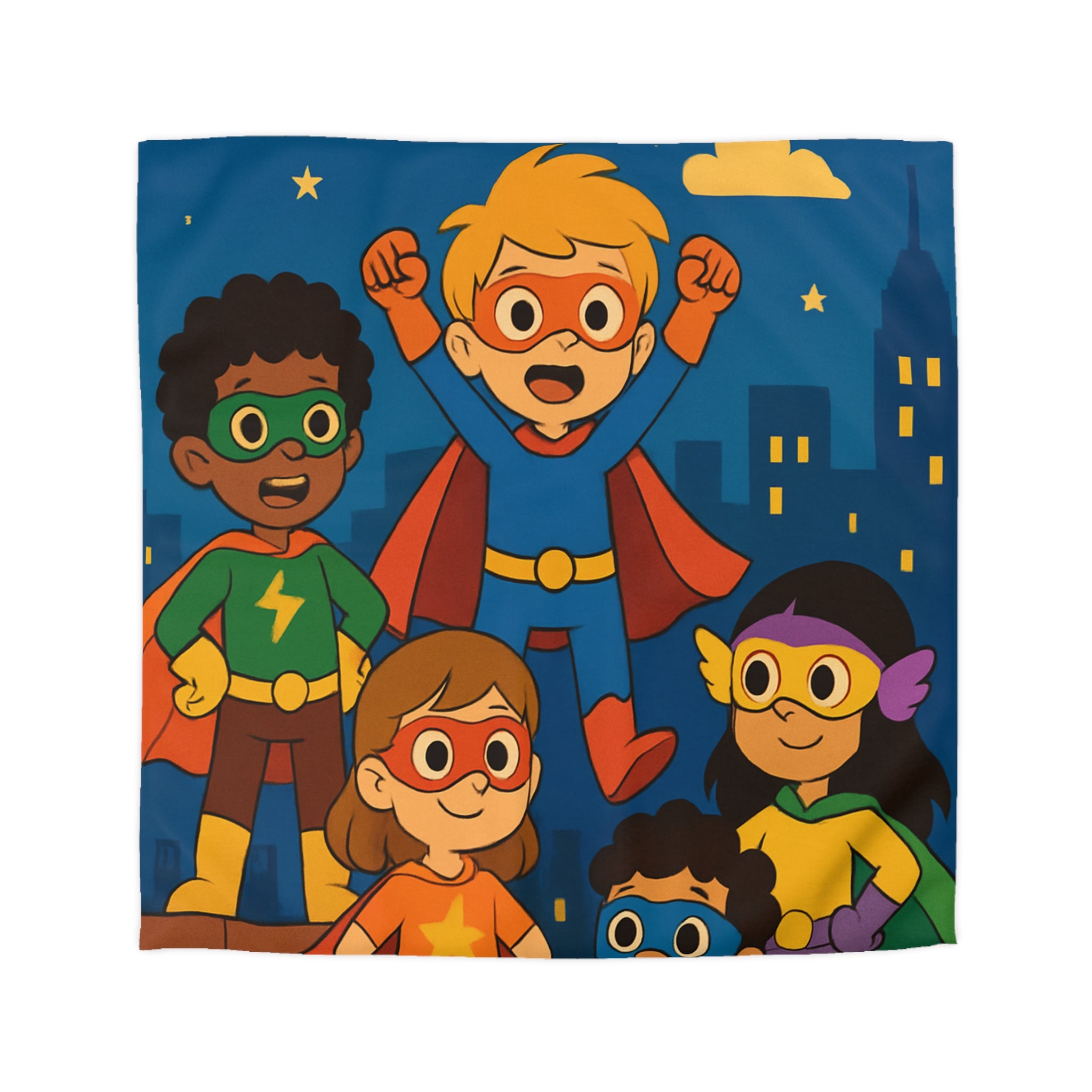 Super-héros Enfants Volant Nuit Ciel Étoilé Ville Amis Confiants Housse de Couette Colorée