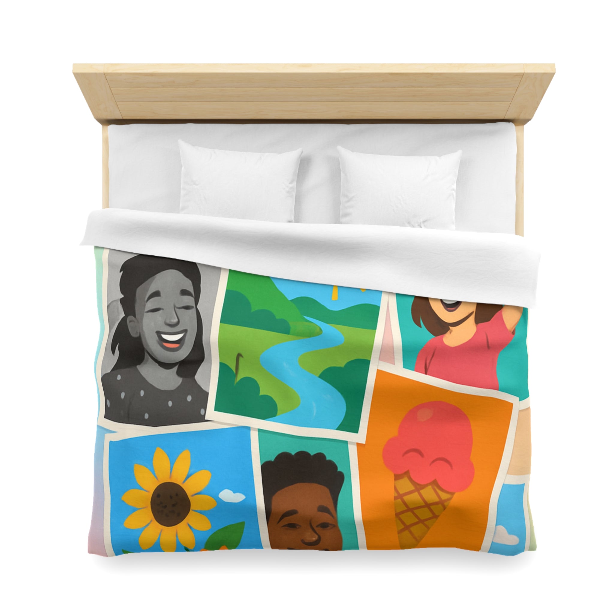 Vibrante housse de couette colorée avec portraits joyeux et paysages ensoleillés pour chambre