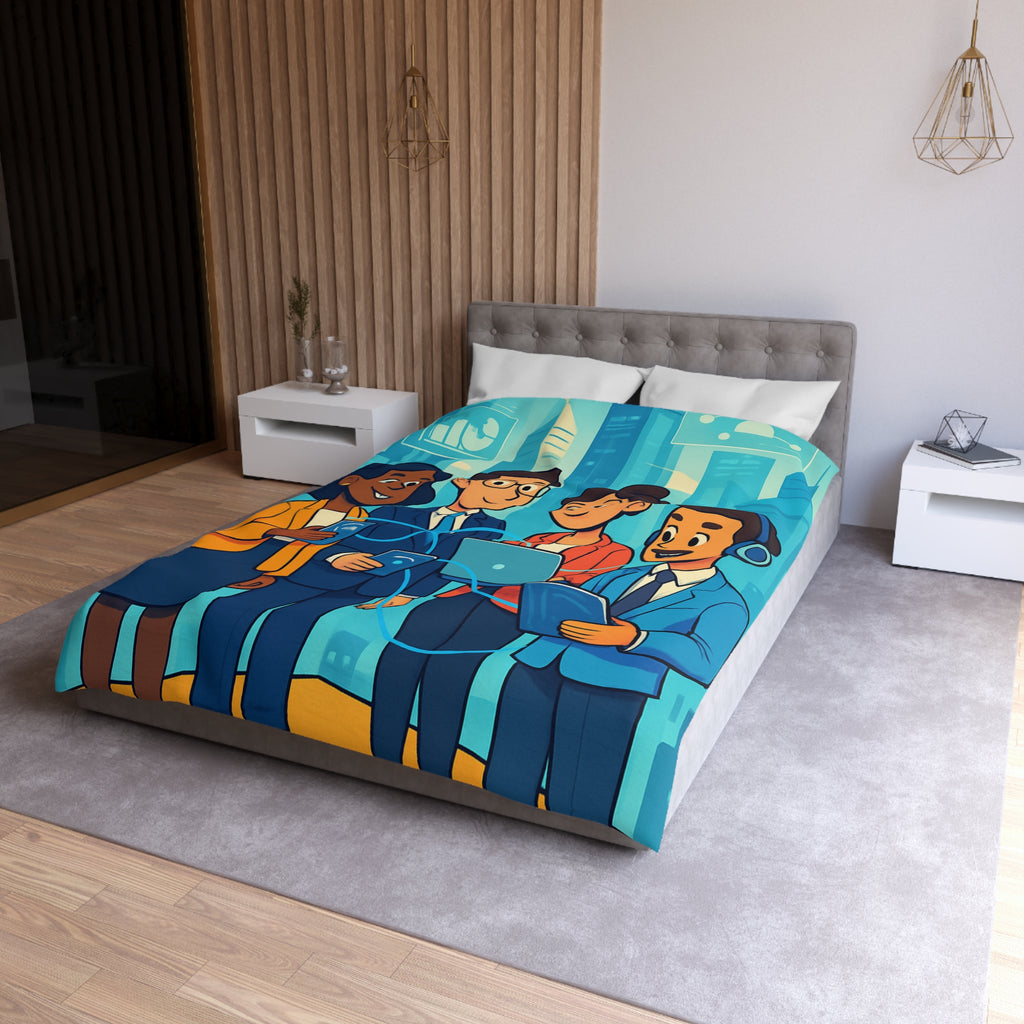 Housse de couette moderne illustrant équipe collaborative en milieu urbain technologique