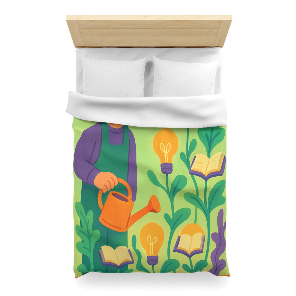 Housse de couette colorée avec jardinier arrosant plantes livres et ampoules