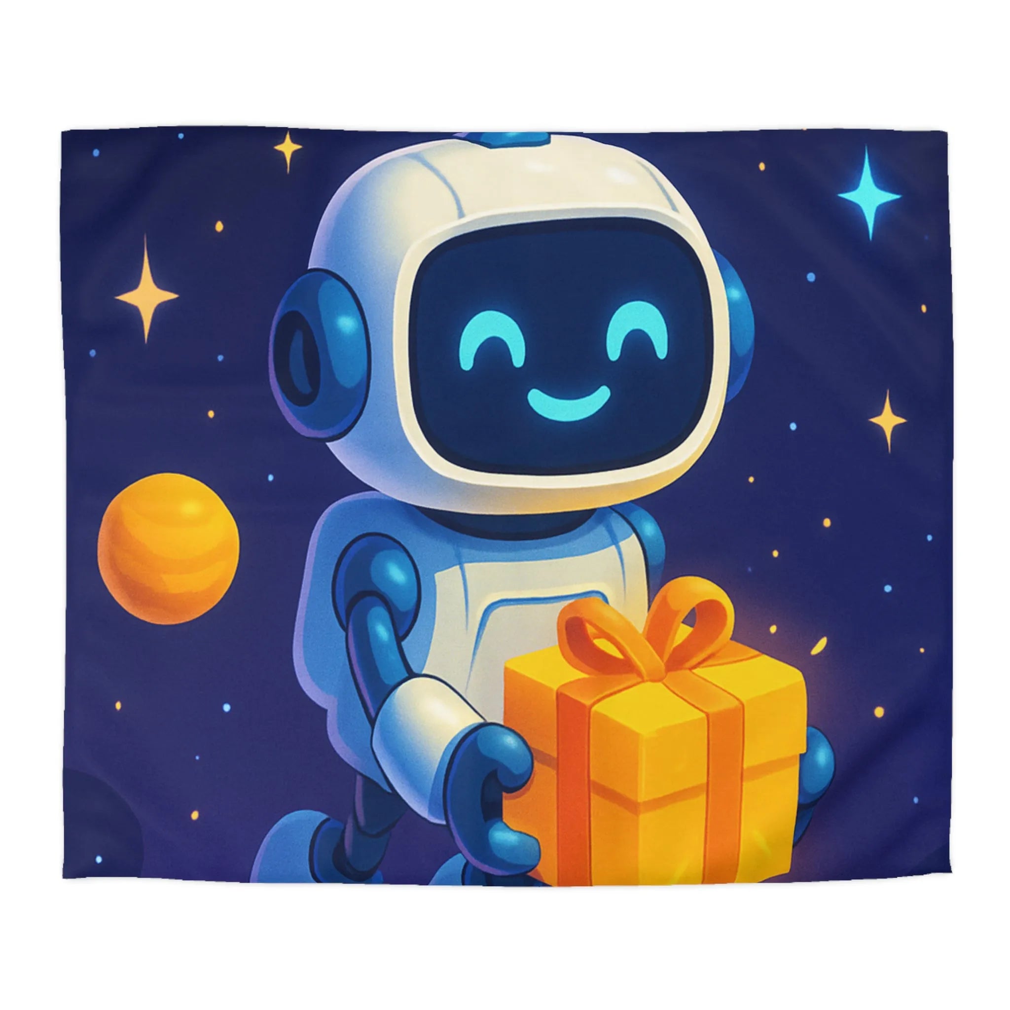 Housse de Couette Enfant Étoilée : Robot Heureux avec Cadeau dans l'Espace Coloré