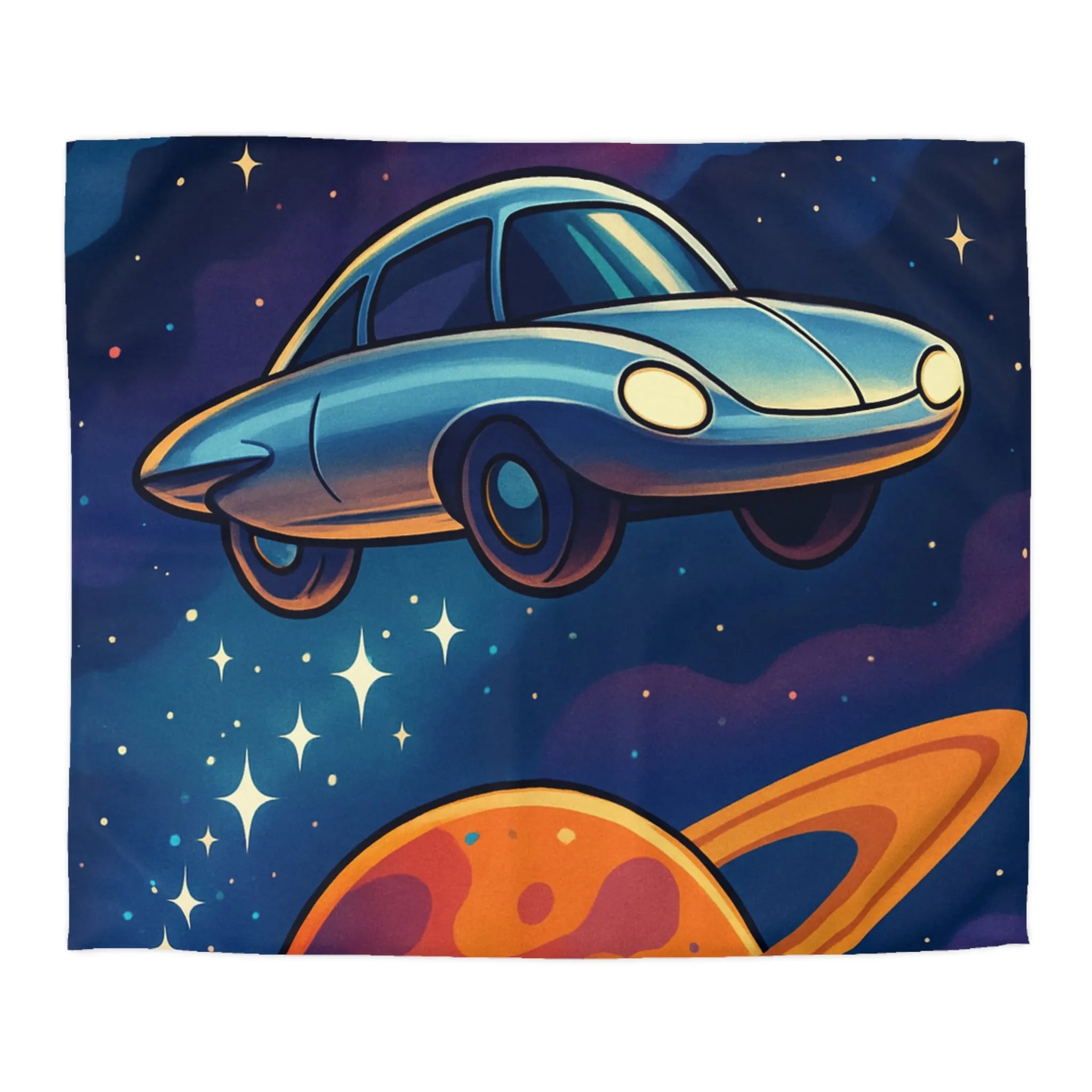 Housse de Couette Artistique Spatiale avec Voiture Volante et Planète Saturne Colorée