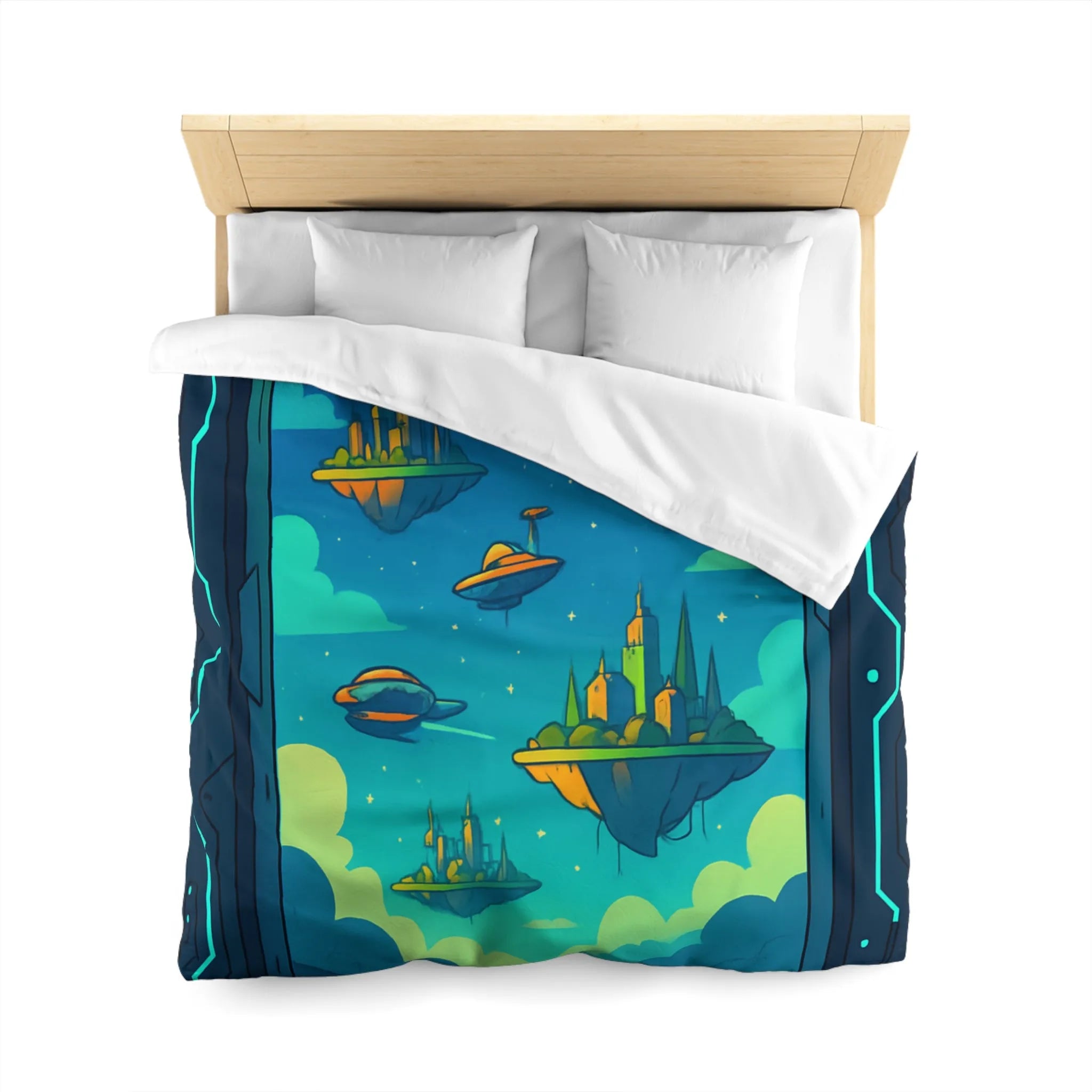 Housse de couette futuriste avec cités flottantes sous ciel étoilé et vaisseaux spatiaux
