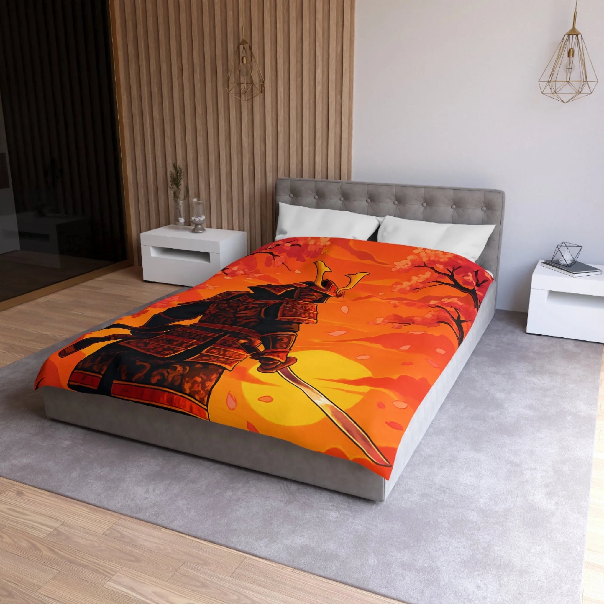 Housse de couette avec motif samouraï au coucher du soleil, arbres et fleurs roses