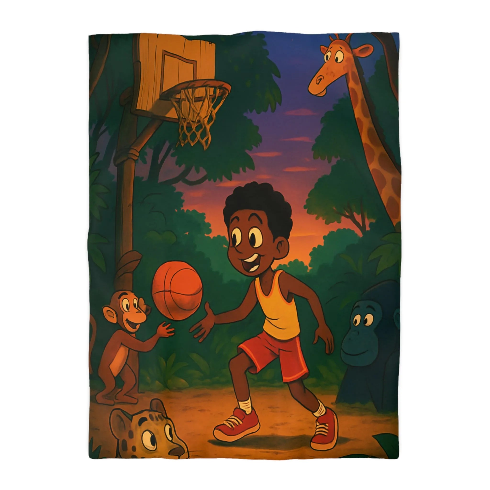 Housse de couette enfant jungle colorée avec garçon jouant au basket et animaux amusants