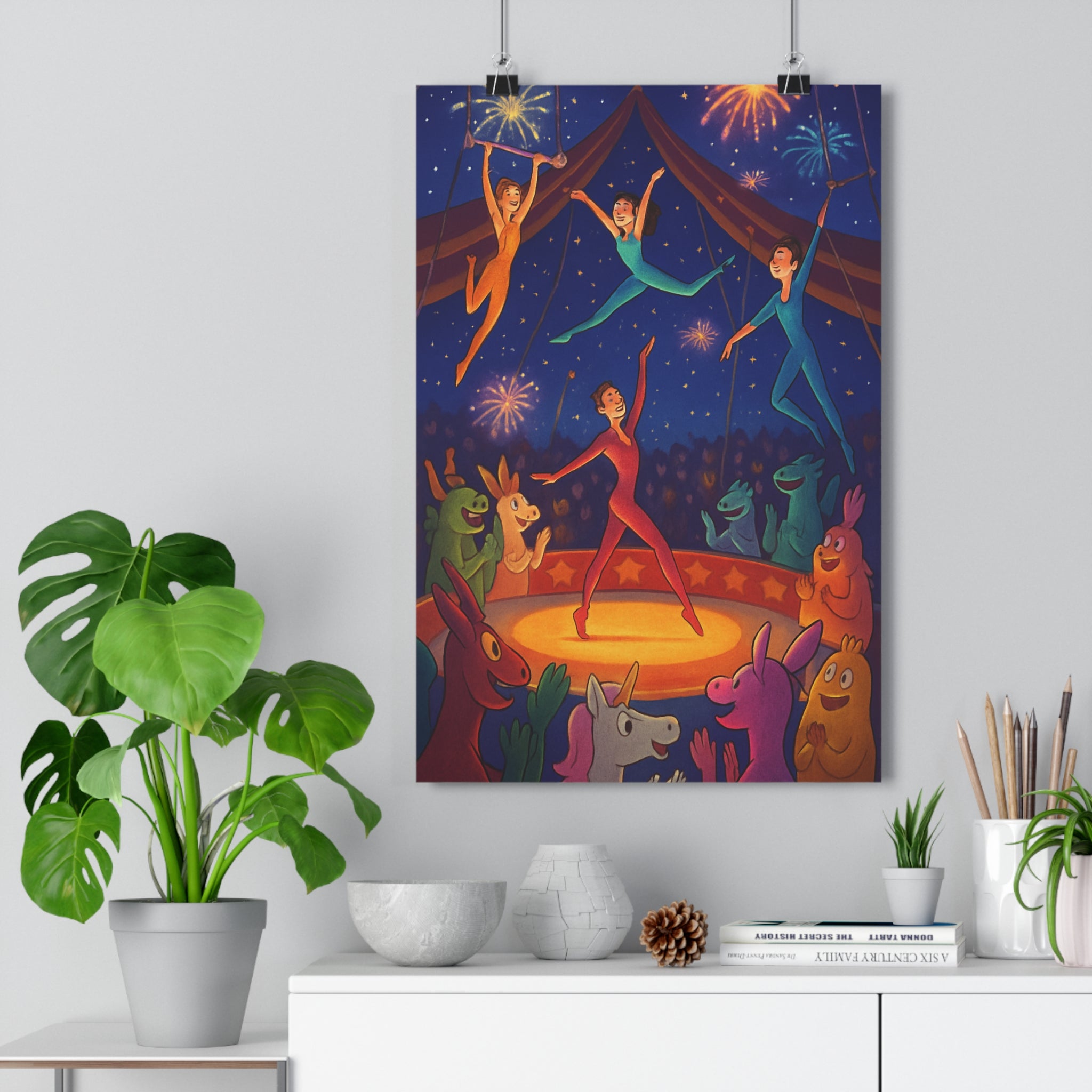 Poster décoratif joyeux magique coloré acrobate créature étoilé scène chambre festif vibrant spectaculaire ambiance