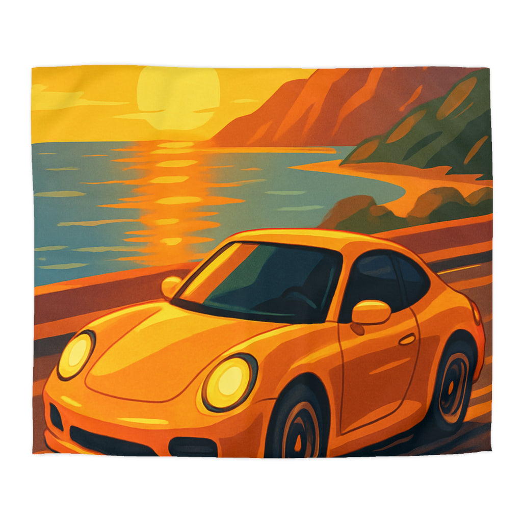 Housse de couette voiture sportive orange route côtière coucher de soleil paysage vibrant