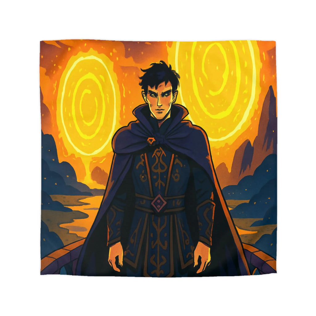 Housse de couette fantastique avec sorcier et portails lumineux dans paysage nocturne magique