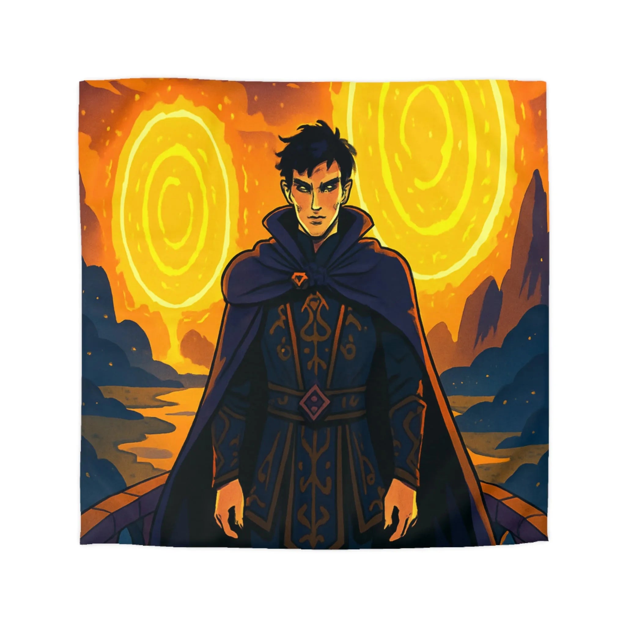 Housse de couette fantastique avec sorcier et portails lumineux dans paysage nocturne magique