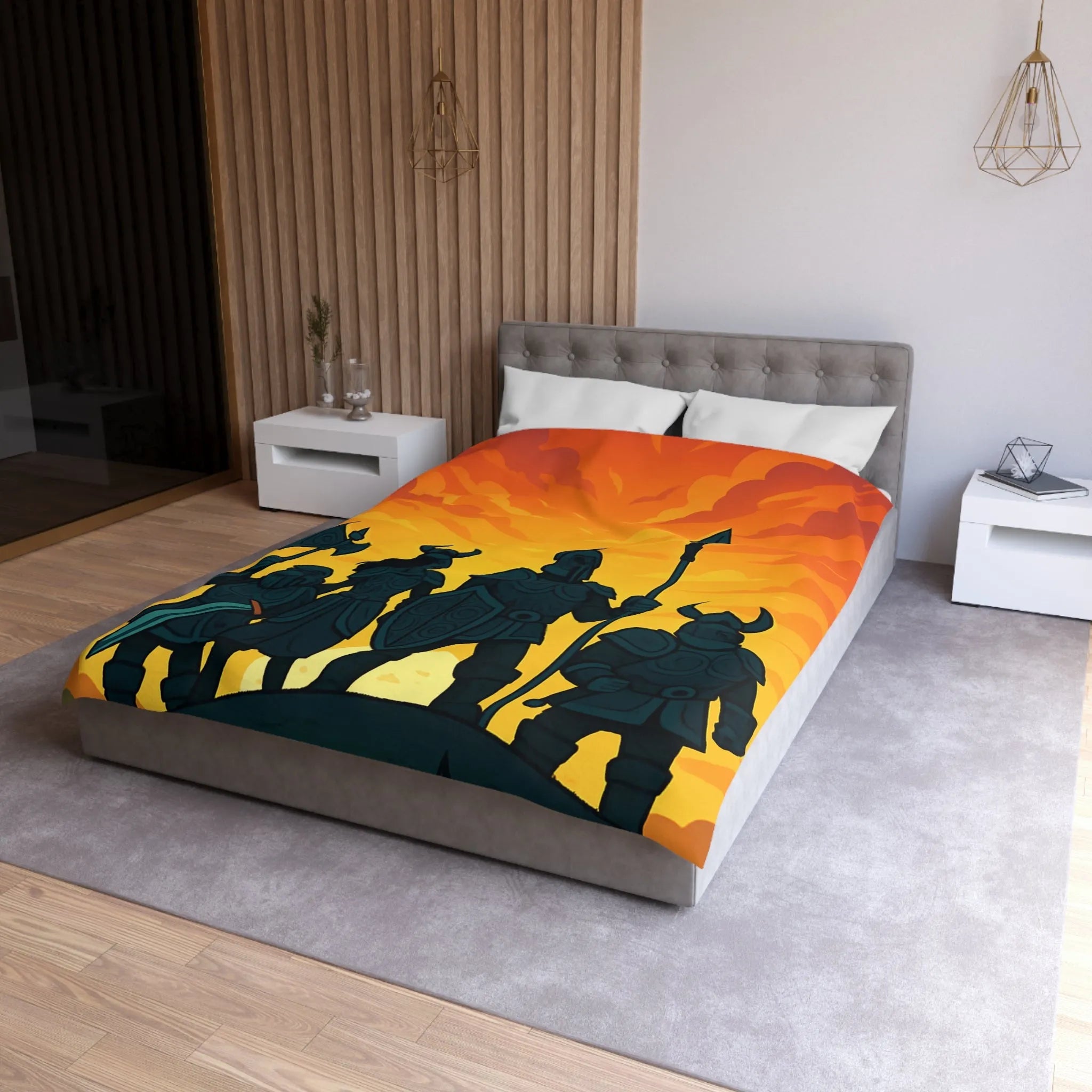 Housse de couette épique avec guerriers sous ciel flamboyant pour décoration médiévale