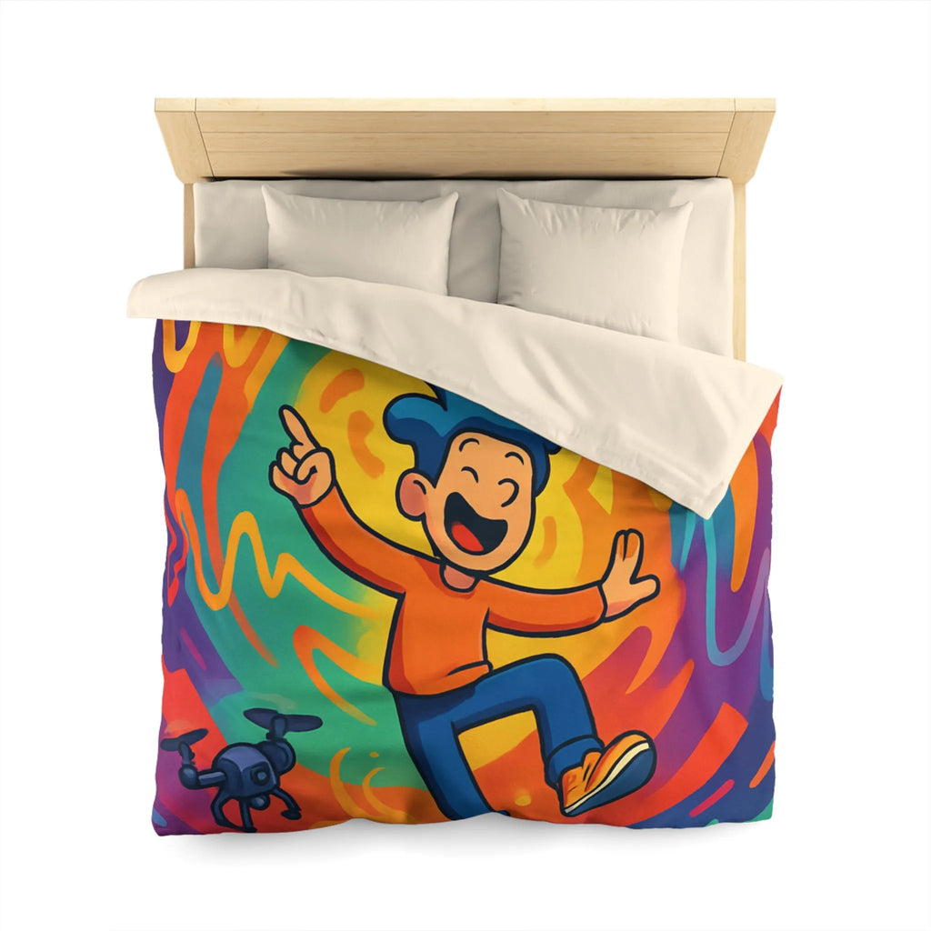 Housse de couette colorée avec personnage joyeux et drones volants autour des ondes