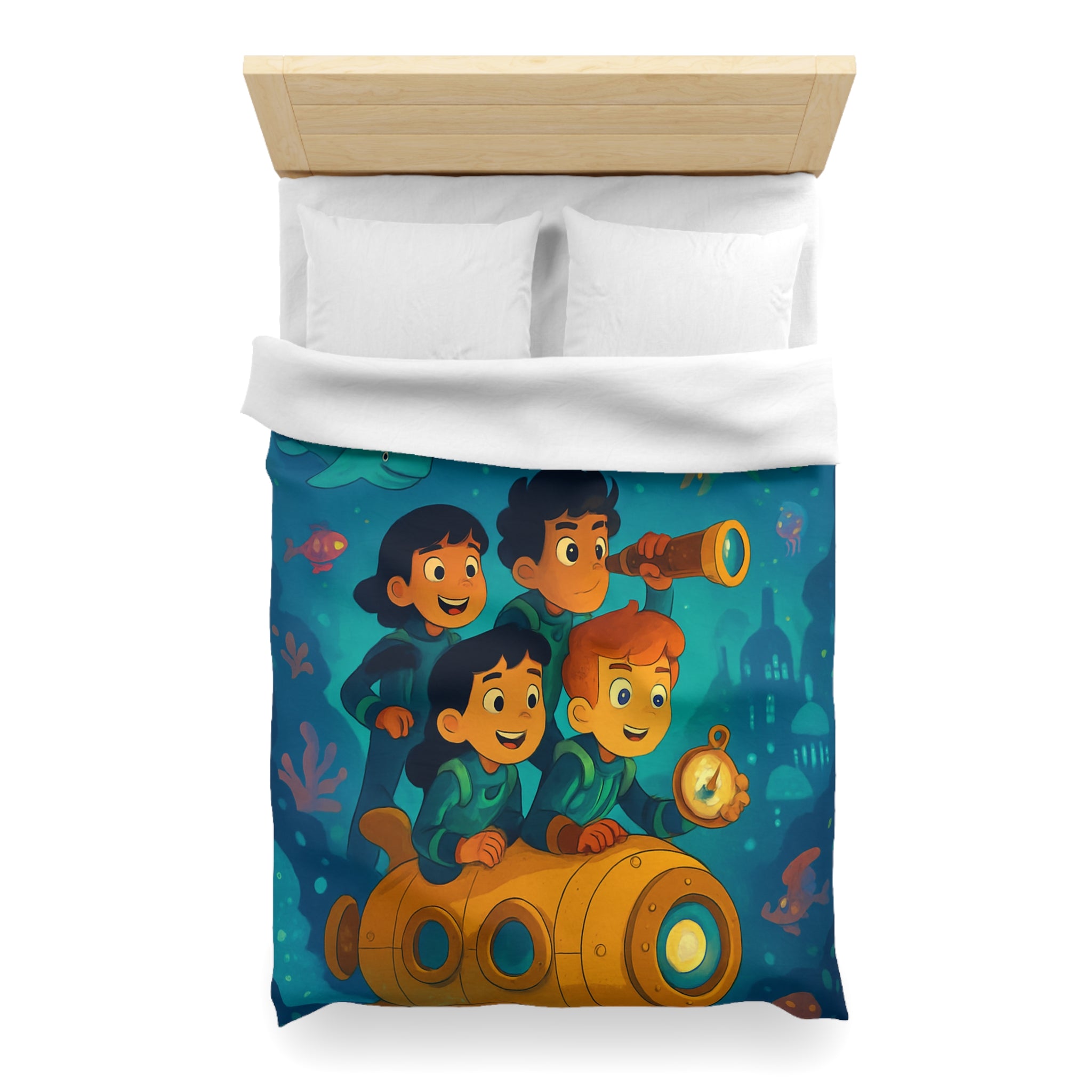 Housse de couette sous-marine avec enfants explorateurs et animaux marins joyeux