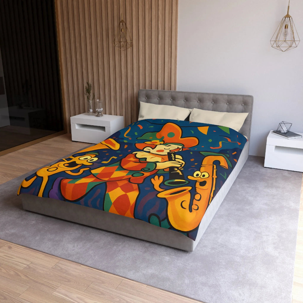 Housse de Couette Fantaisiste avec Clown et Instruments dans Parade Colorée et Lumineuse