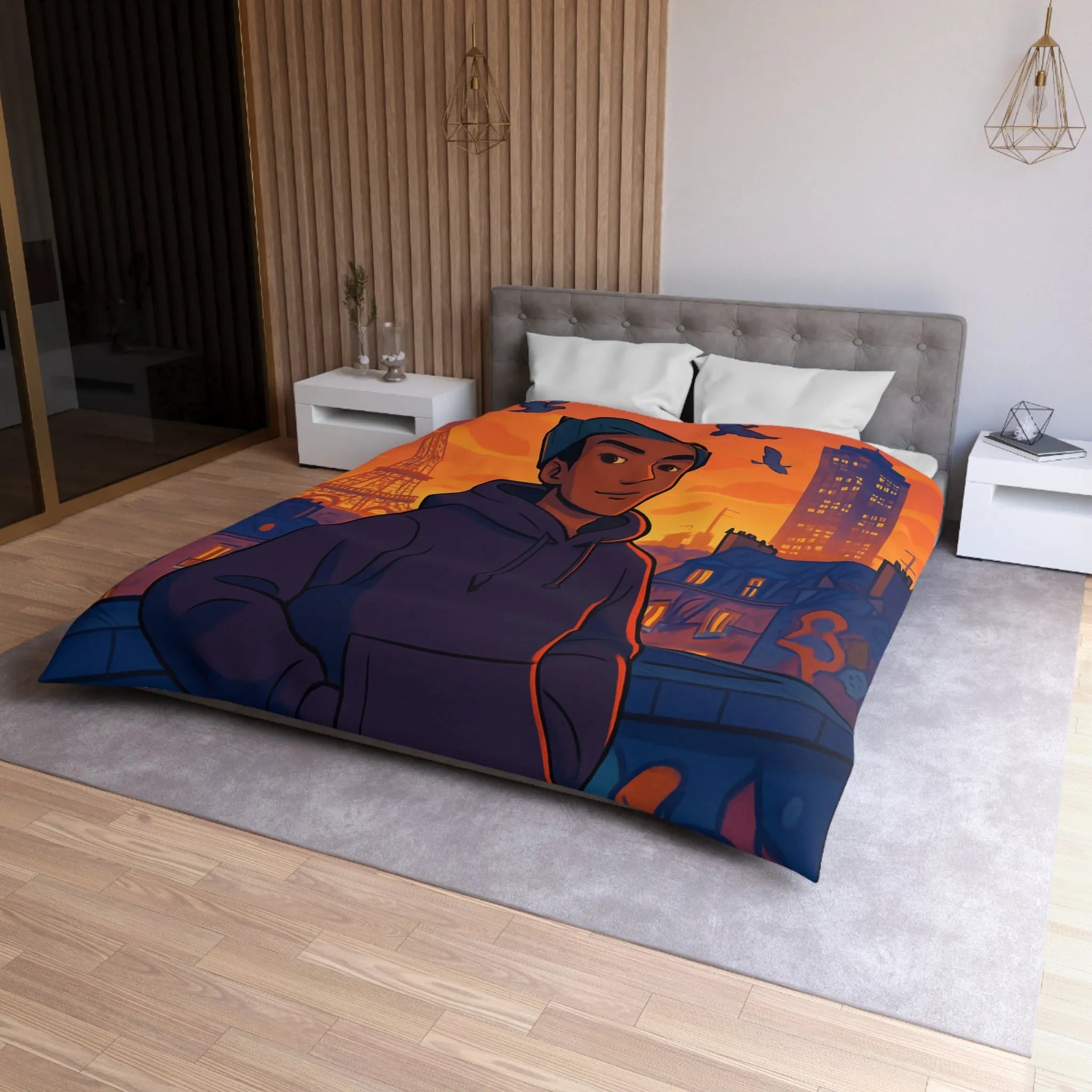 Housse de couette colorée avec ville, tour emblématique et vol de pigeons au crépuscule