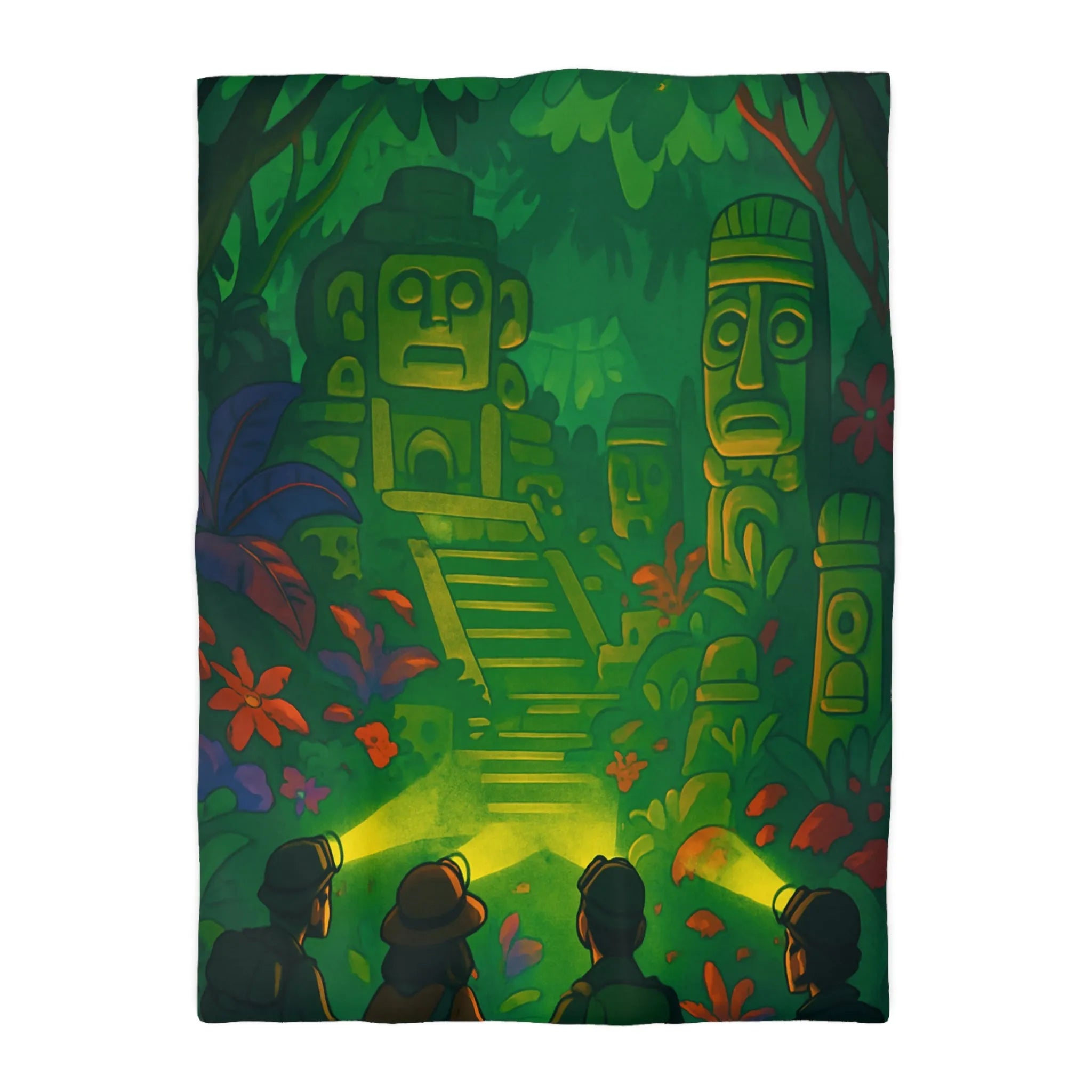 Housse de couette forêt tropicale avec statues anciennes, parfait pour les explorateurs nocturnes