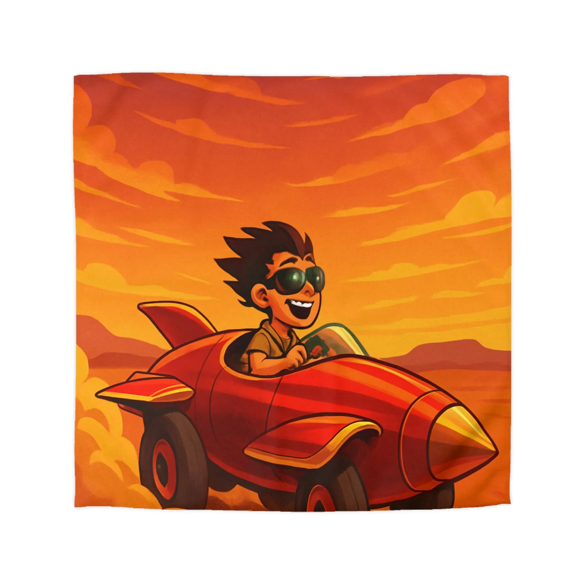 Housse de Couette Enfant Dynamique Rouge avec Avion de Course Ciel Orange