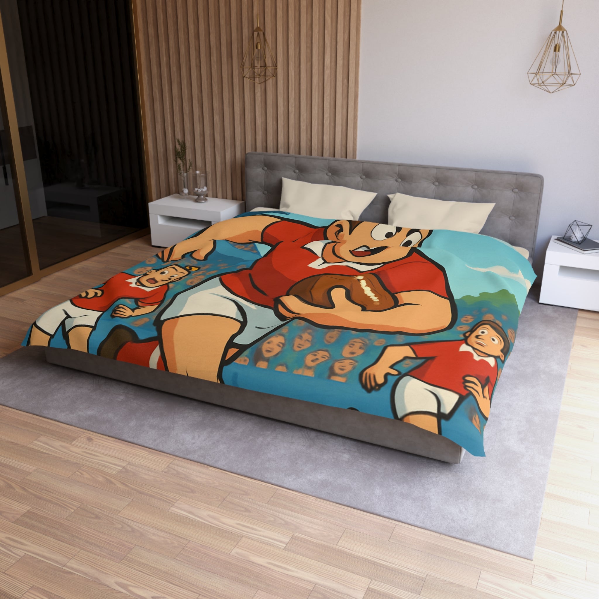 Housse de couette rugby dynamique en rouge et blanc pour chambre d'enfant sportive